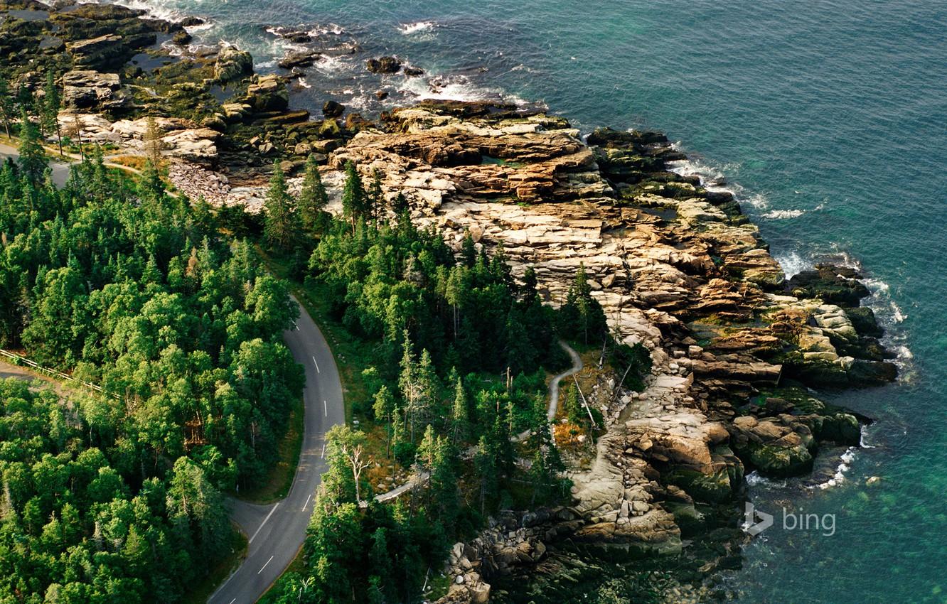1332x850 Wallpaper road, sea, rocks, shore, USA, Acadia national Park, Maine image for desktop, section пейзажи
