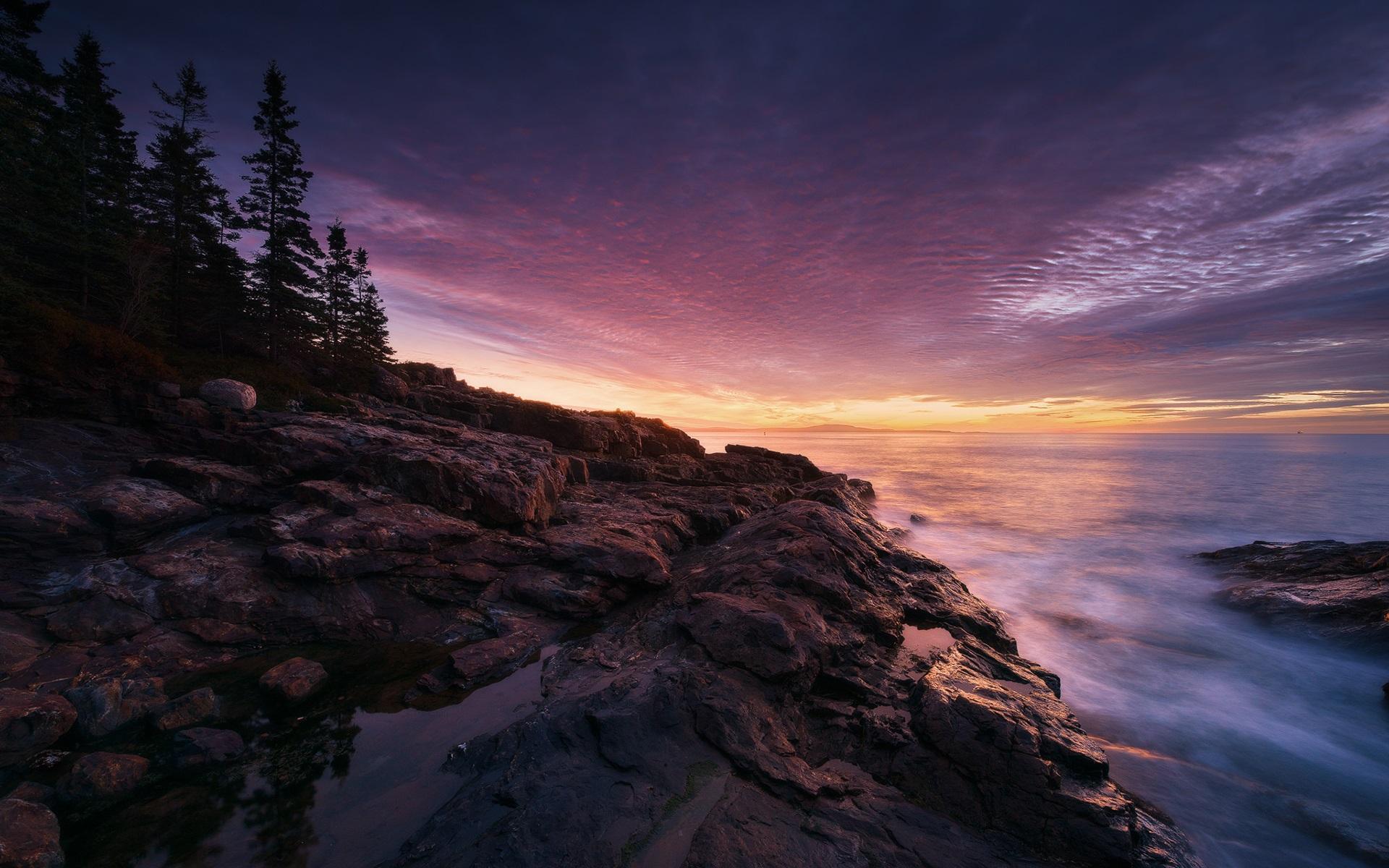 1920x1200 Wallpaper Acadia National Park, Maine, USA, sunset, sea, coast, stones, trees 1920x1200 HD Picture, Image