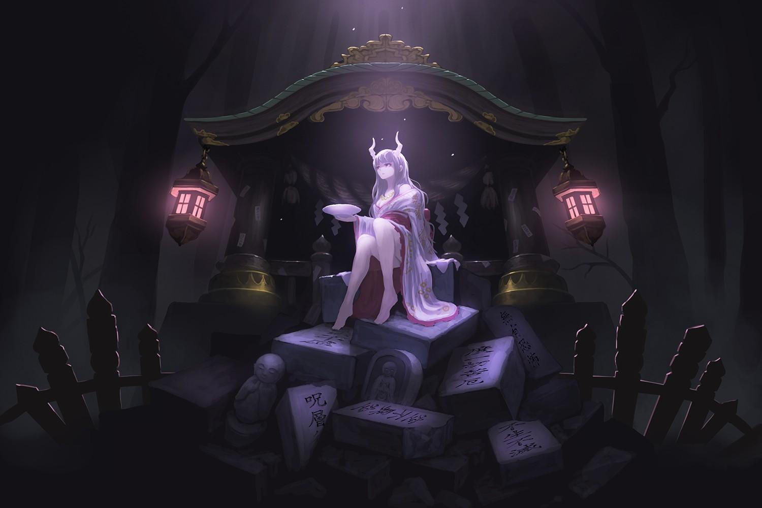 1500x1000 Original Characters Anime Girls Kimono Horns Throne Wallpaper:1500x1000
