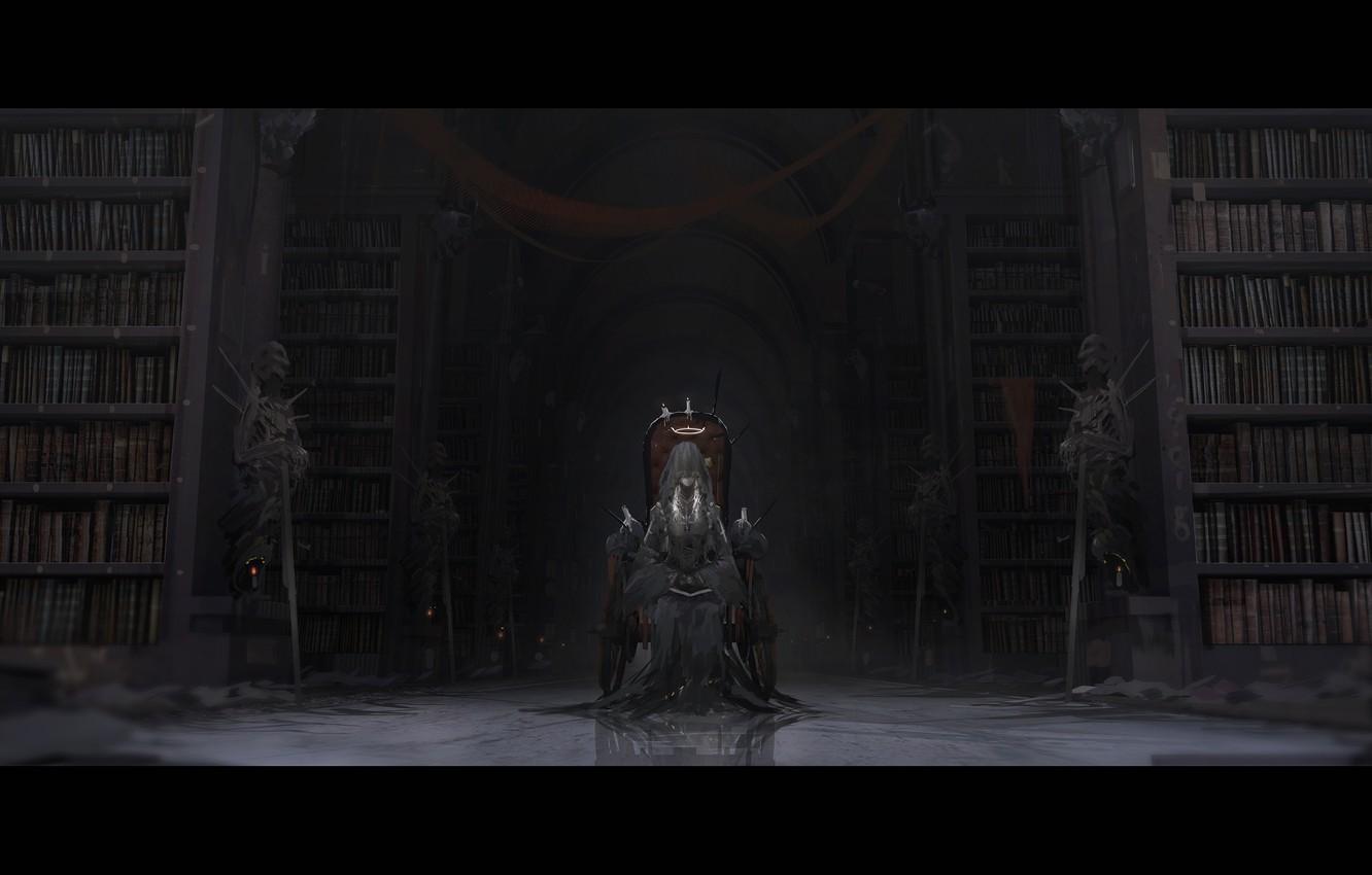 1332x850 Wallpaper girl, weapons, books, sword, candles, anime, art, warriors, veil, the throne, halo, skeletons, novelance image for desktop, section прочее