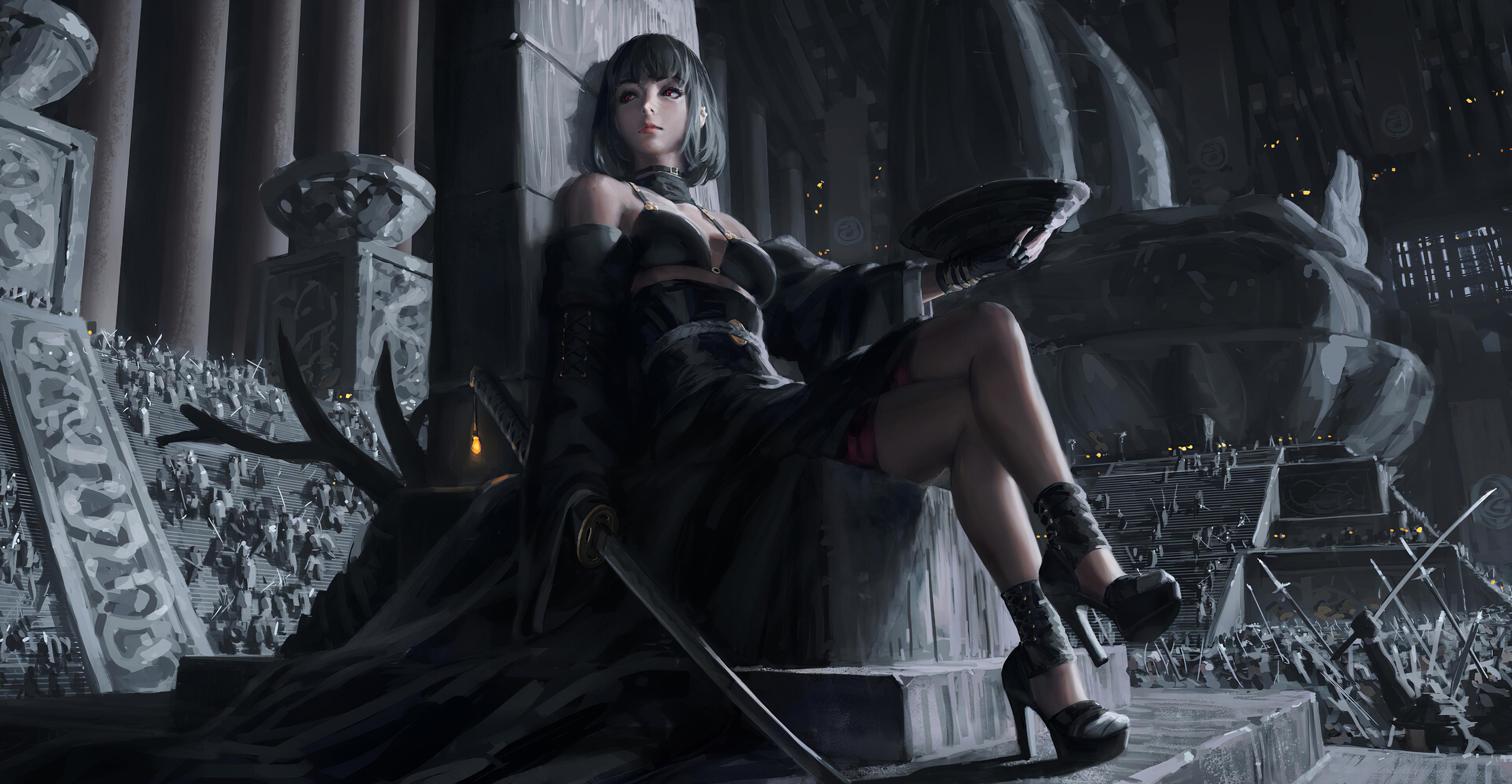 3840x1992 Black Dress Queen Sitting On Cemented Throne, HD Artist, 4k Wallpaper, Image, Background, Photo and Picture