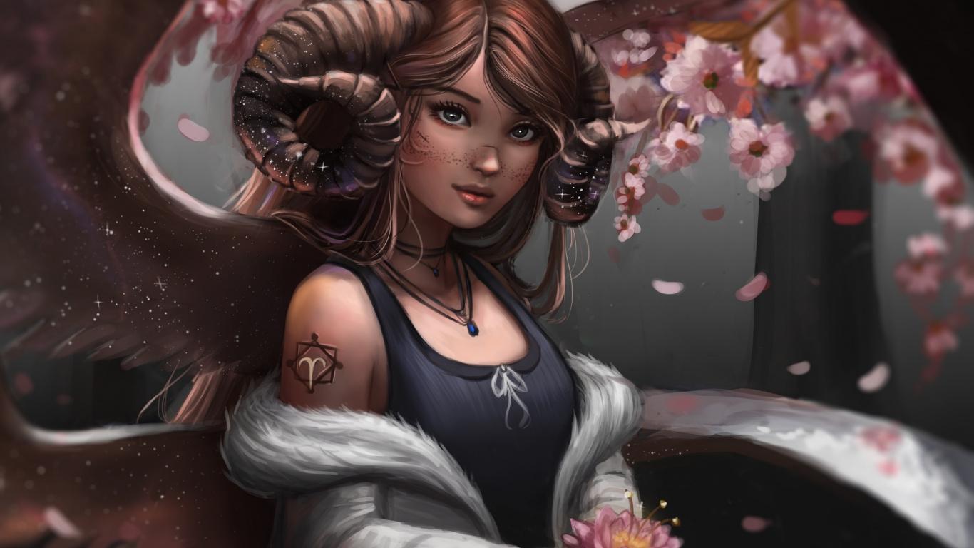 1366x768 Download Fantasy, Zodiac, Aries girl, art wallpaper, 1366x Tablet, laptop