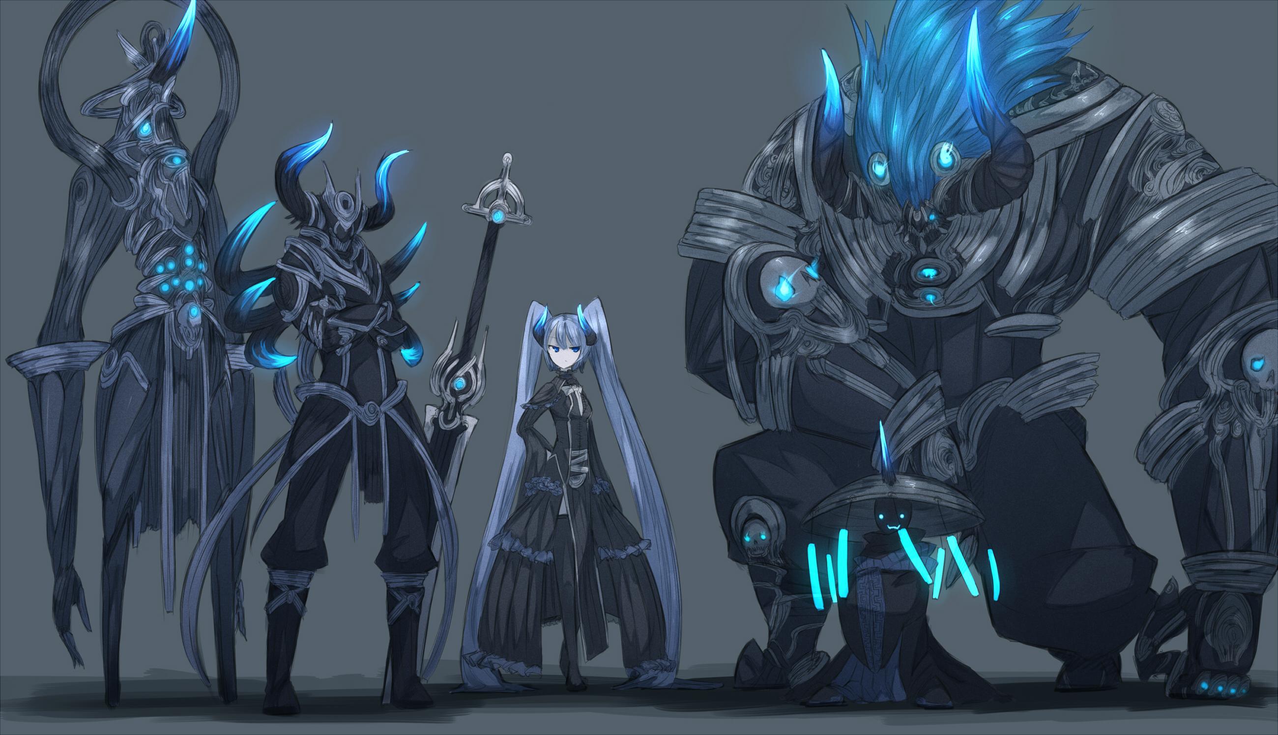 2600x1495 armor, Blue, Eyes, Blue, Hair, Demon, Dress, Hat, Horns, Long, Hair, Original, Shiroganeusagi, Sword, Thighhighs, Twintails, Weapon Wallpaper HD / Desktop and Mobile Background