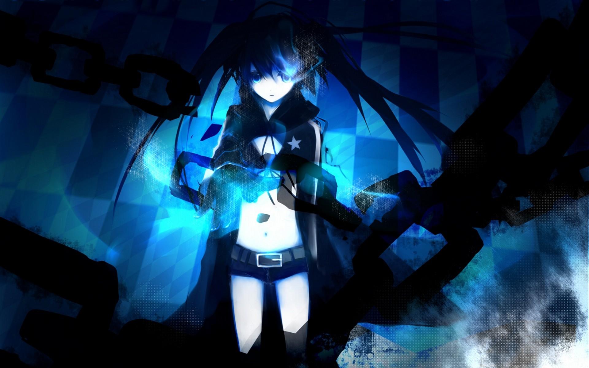 1920x1200 Blue Black Rock Shooter blue eyes twintails anime chains anime girls glowing eyes black hair wallpaperx1200