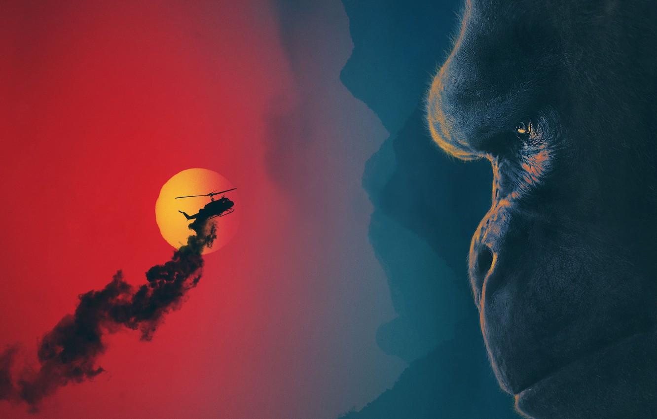 1332x850 Wallpaper cinema, red, moon, monster, smoke, big, blue, night, movie, helicopter, gorilla, film, king, strong, kyojin, Kong image for desktop, section фильмы