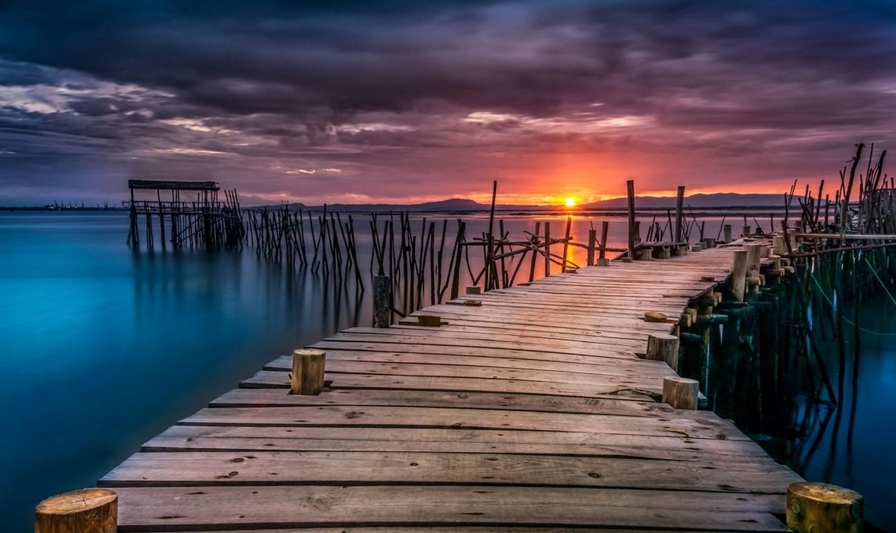 1300x773 sunset, Ports, Dock, Hill, Clouds, Sea, Yellow, Orange, Blue, Nature, Landscape Wallpaper HD / Desktop and Mobile Background