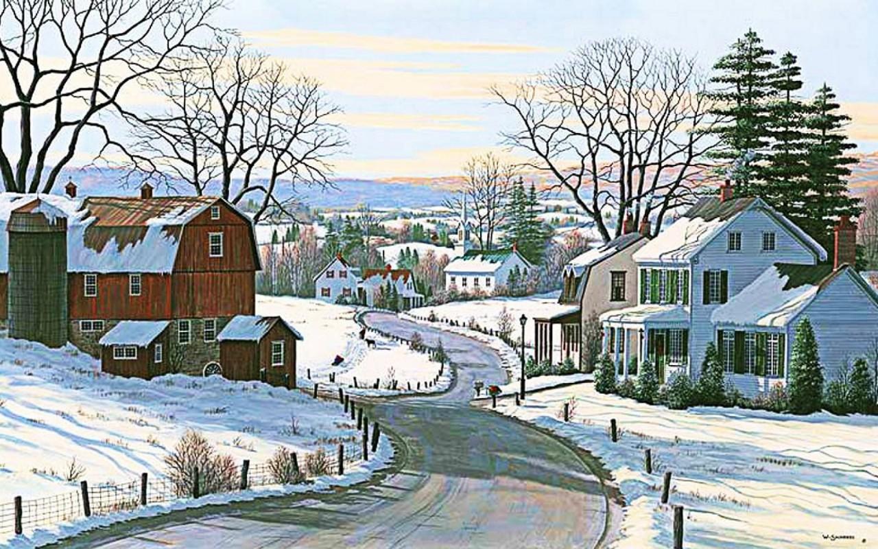 1280x800 Houses Barn Road Winter Valley wallpaper. Houses Barn Road Winter Valley