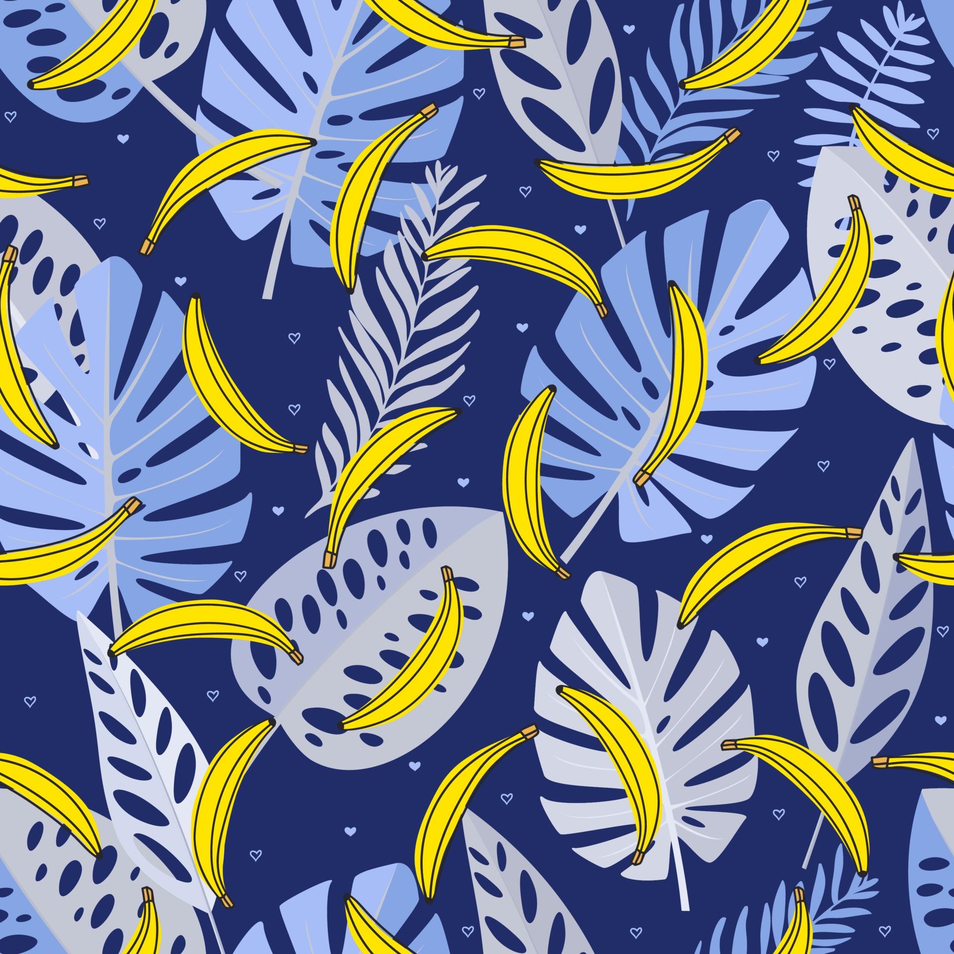 1920x1920 Seamless pattern with blue leaves, bananas and heart. Hand drawn, vector, bright colours. Background for prints, fabric, wallpaper, wrapping paper