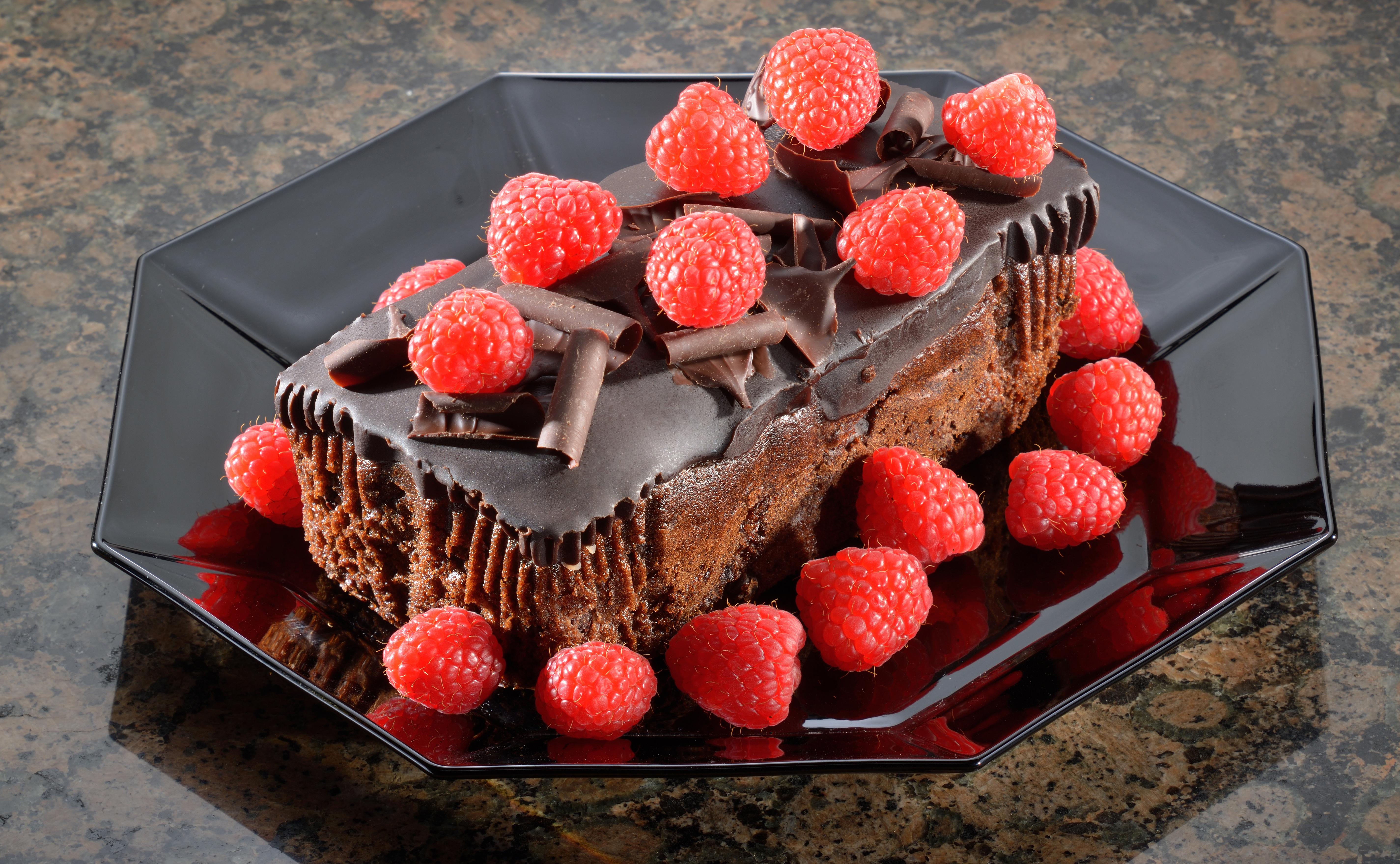 5700x3516 Rich Chocolate Fudge Cake with Raspberries 4k Ultra HD Wallpaper