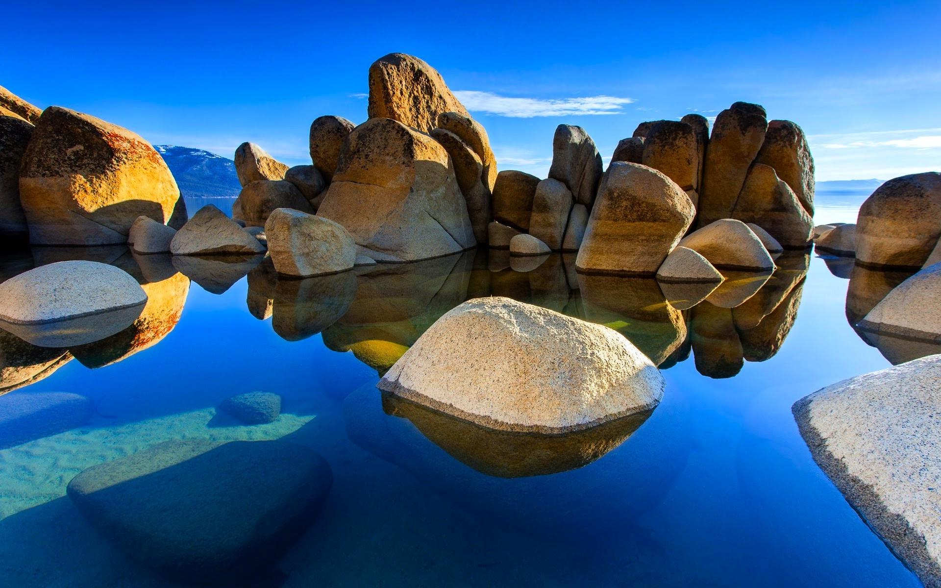 1920x1200 nature, Landscape, Water, Sea, Stones, Clouds, Rock, Hill, Sunlight, Reflection, Underwater, Calm, Blue Wallpaper HD / Desktop and Mobile Background