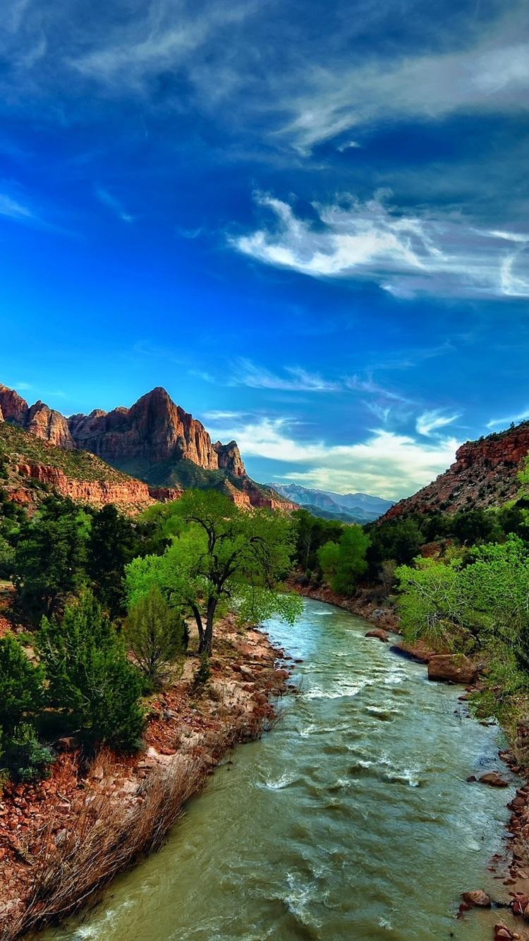 750x1334 Zion National Park, Utah, USA, River, Bushes, Trees, Mountains, Clouds 750x1334 IPhone 8 7 6 6S Wallpaper, Background, Picture, Image