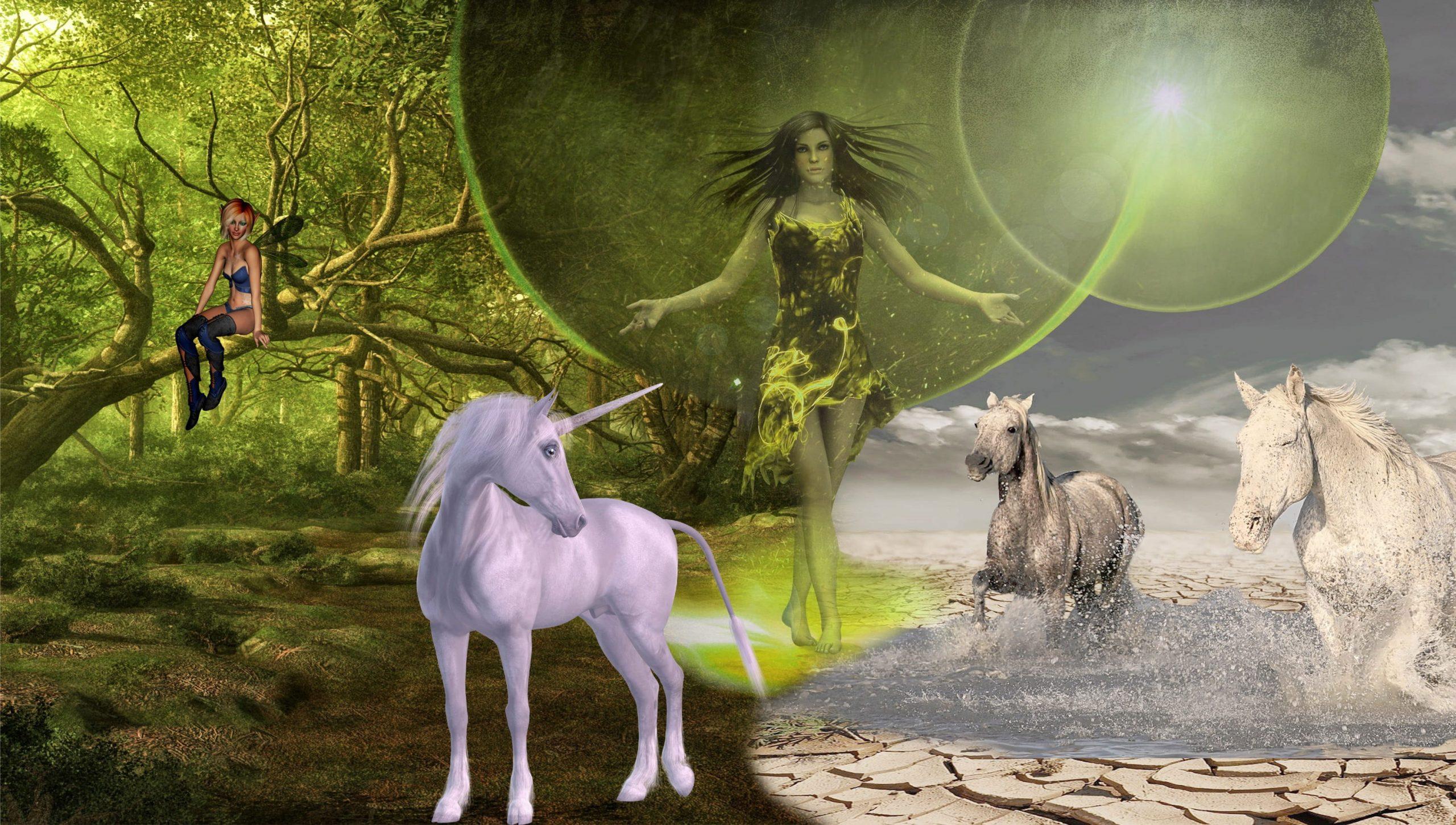 2560x1451 Wallpaper Fairy Standing Between Unicorn And Two Running • Wallpaper For You HD Wallpaper For Desktop & Mobile