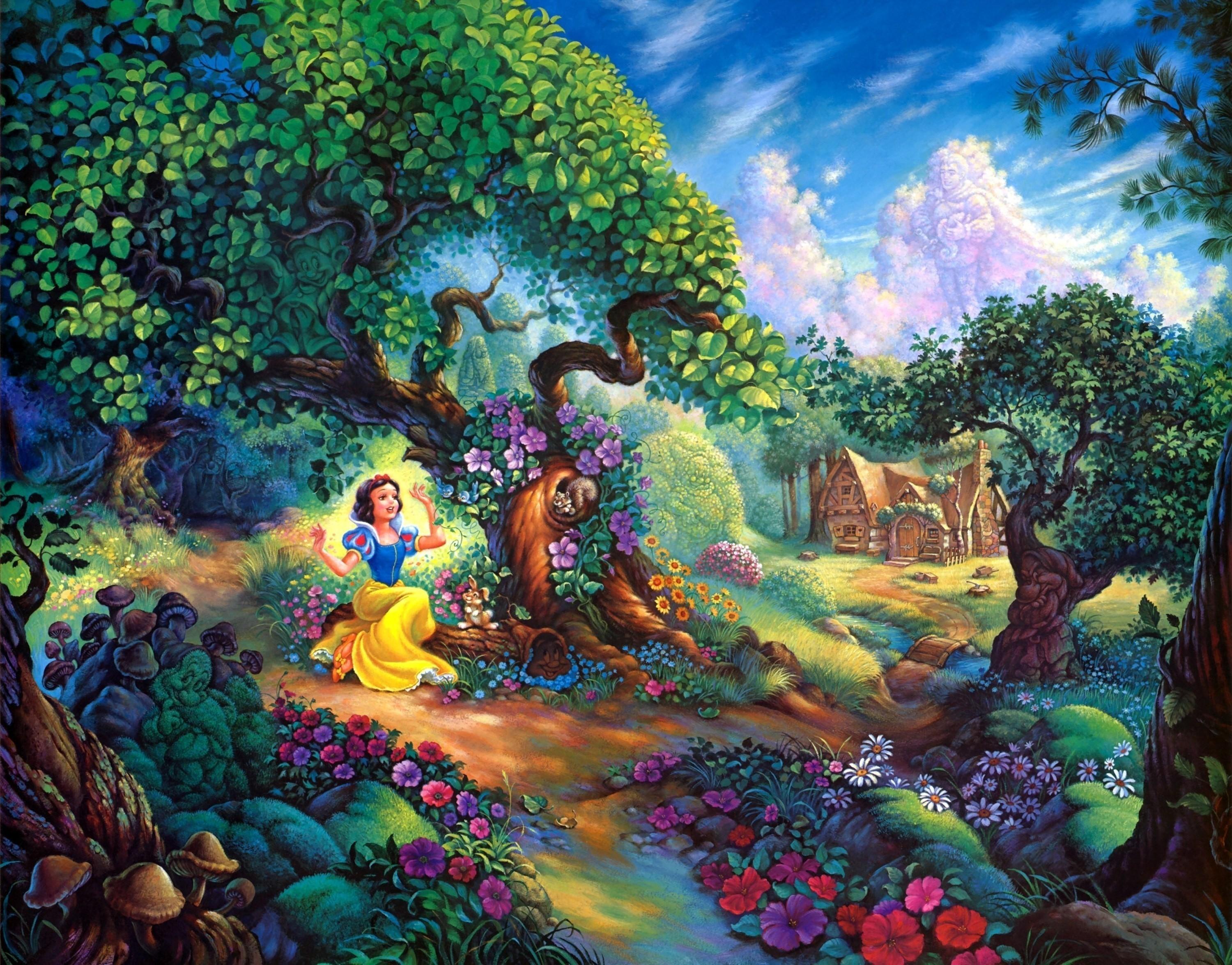 3000x2350 Snow white, Fairy forest, Trees, House, Fairy tale wallpaper