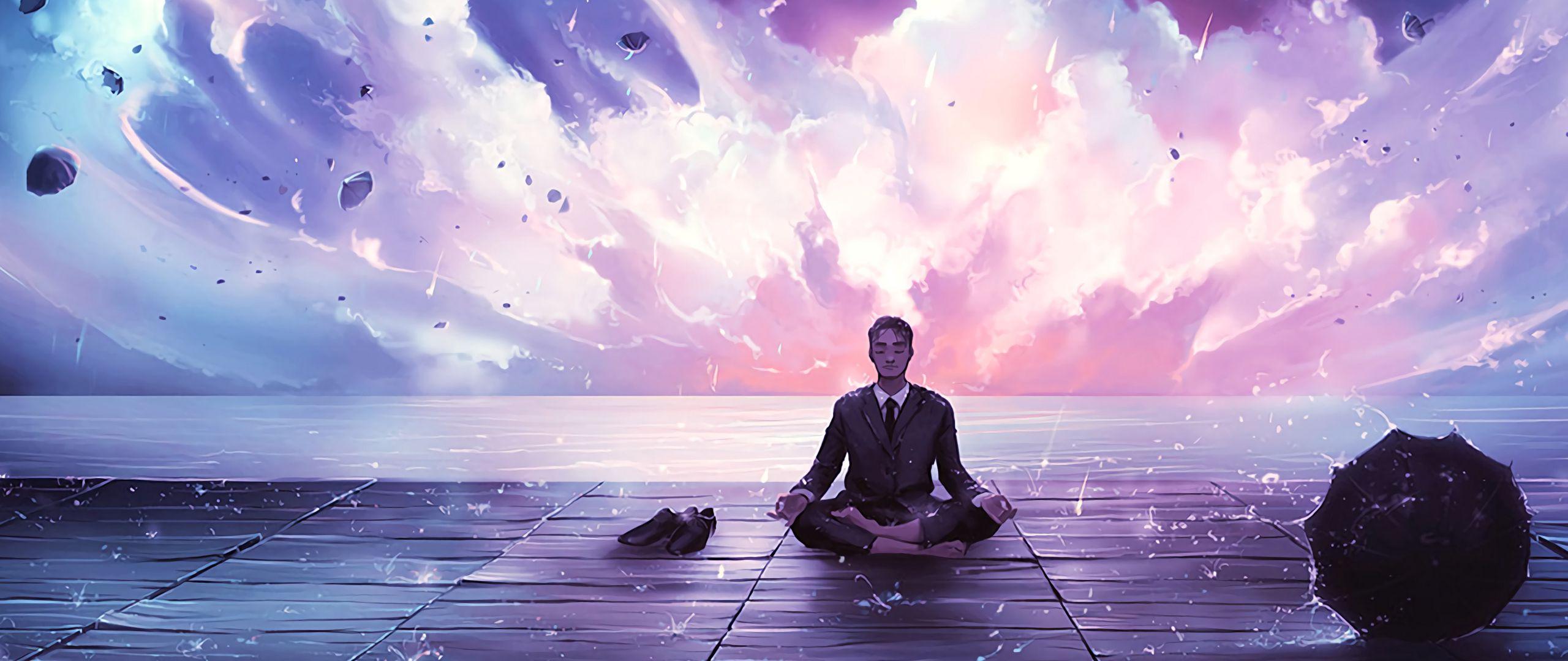 2560x1080 Download wallpaper 2560x1080 meditation, calmness, harmony, art, man, rain, eureka dual wide 1080p HD background