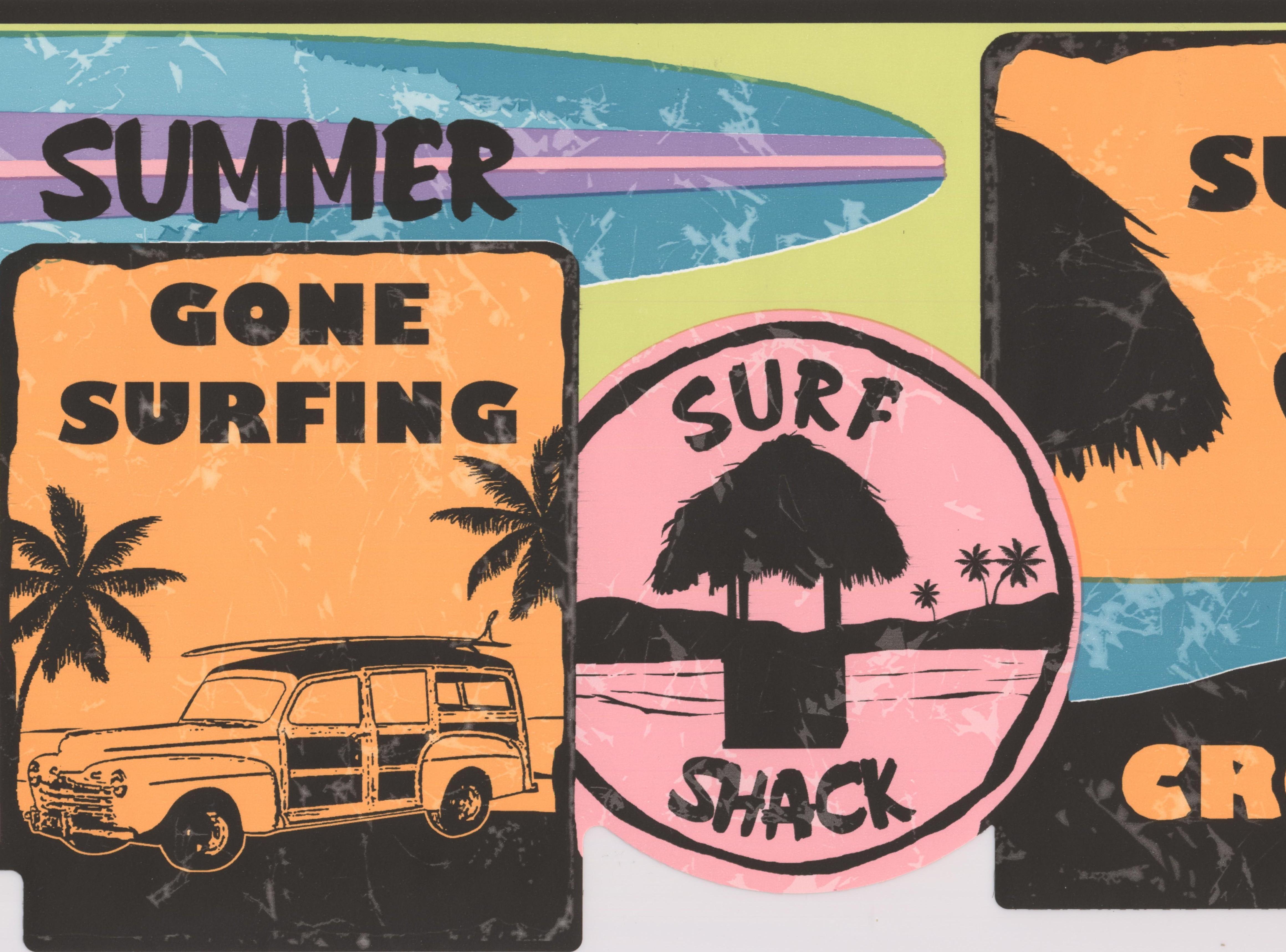 4640x3434 Wallpaper Border Surf Signs Vintage Wall Border for Surfer Teen, Roll 15 ft X 9