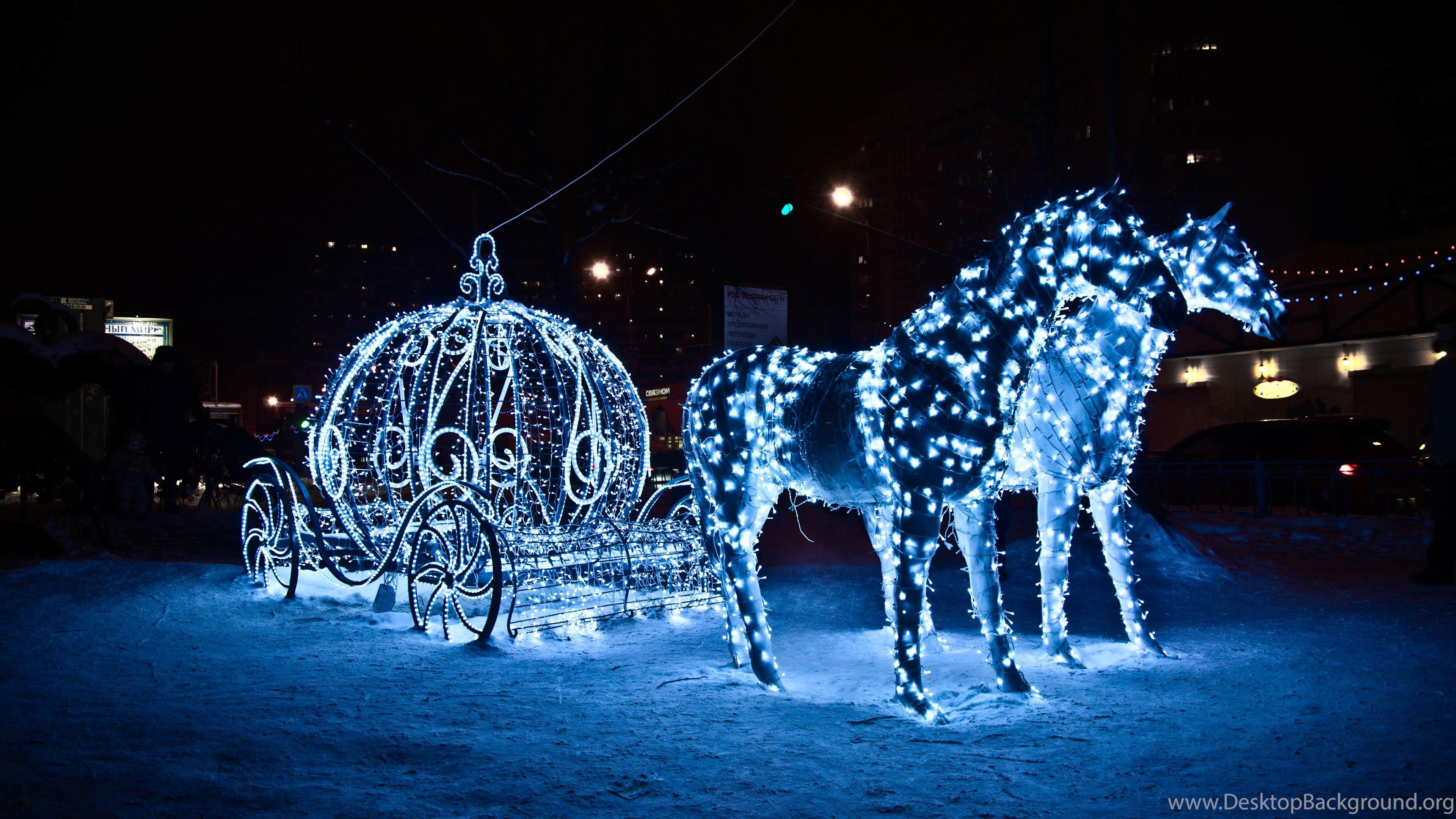 3840x2160 Wallpaper Horses Fairy Lights Snow Night Image Desktop Background