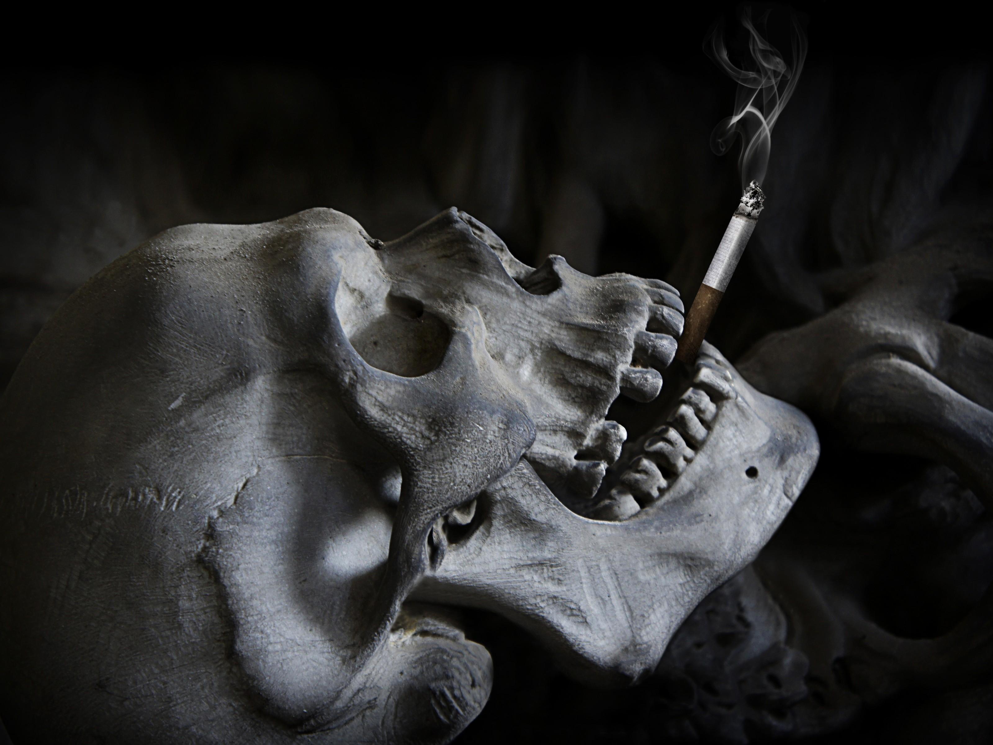 Люди умирают от сигарет. Череп с сигаретой в зубах.