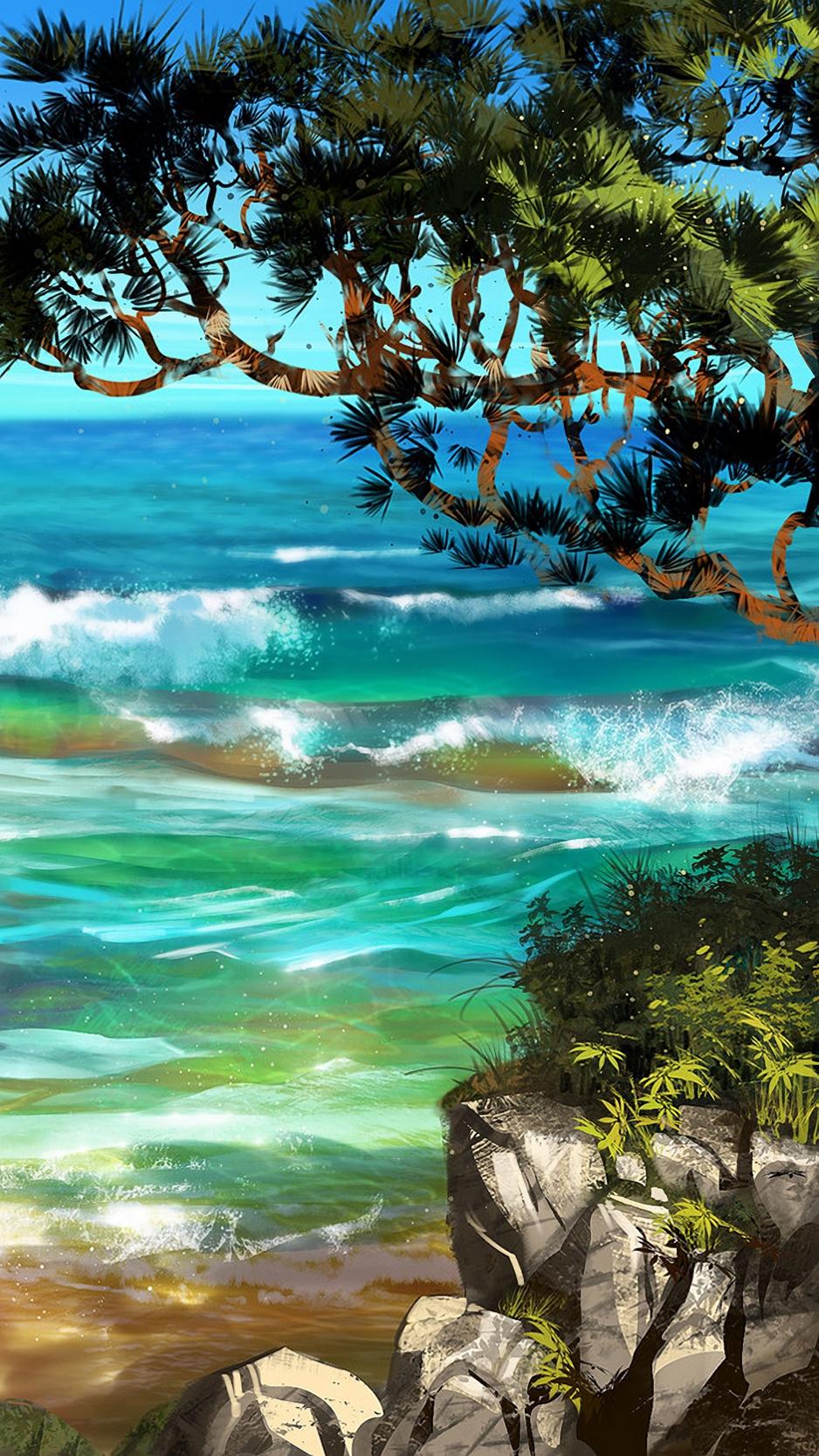 938x1668 Sea, surf, art, trees, rocks wallpaper