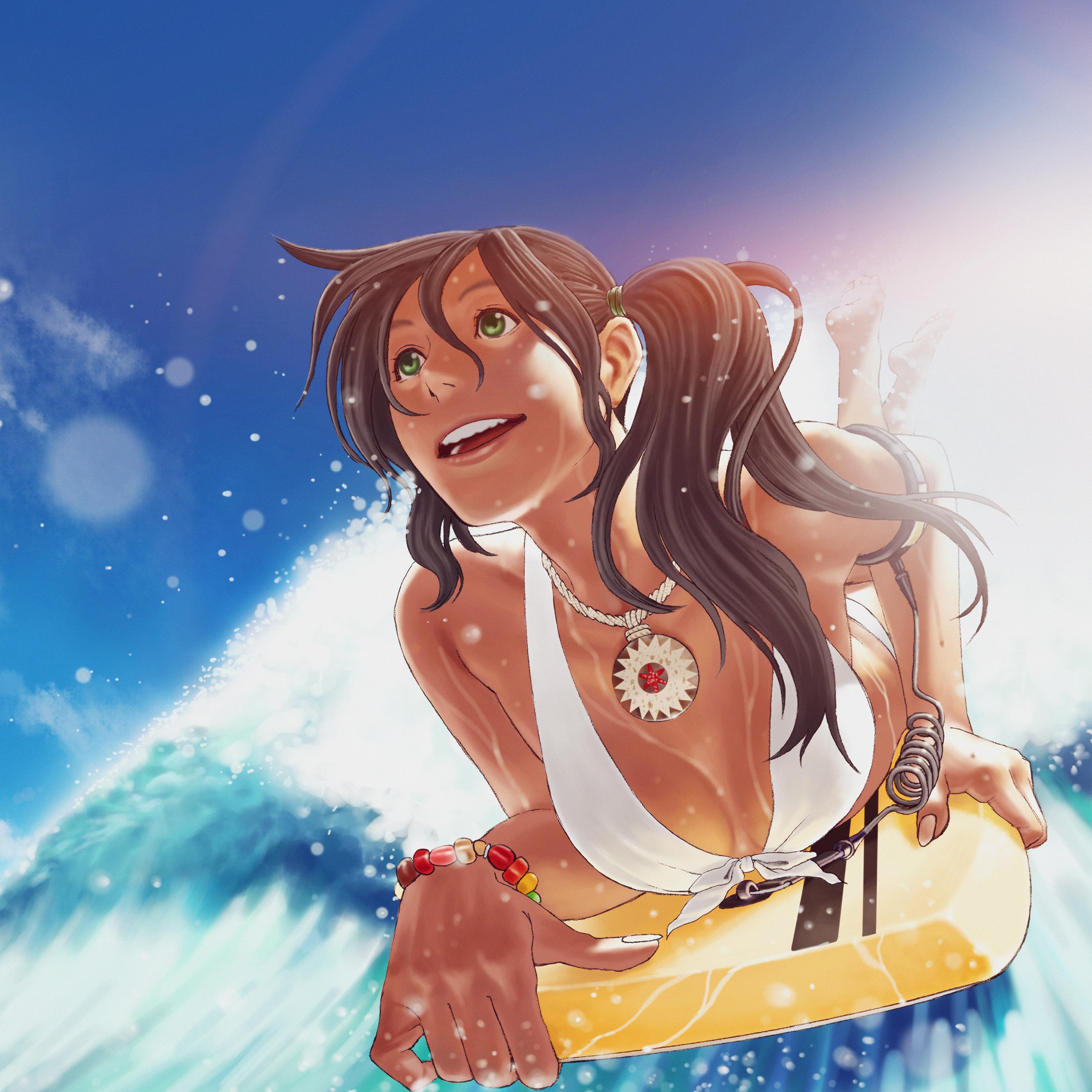 2732x2732 Surfing Girl Anime Illust Art Sea Sports Wallpaper