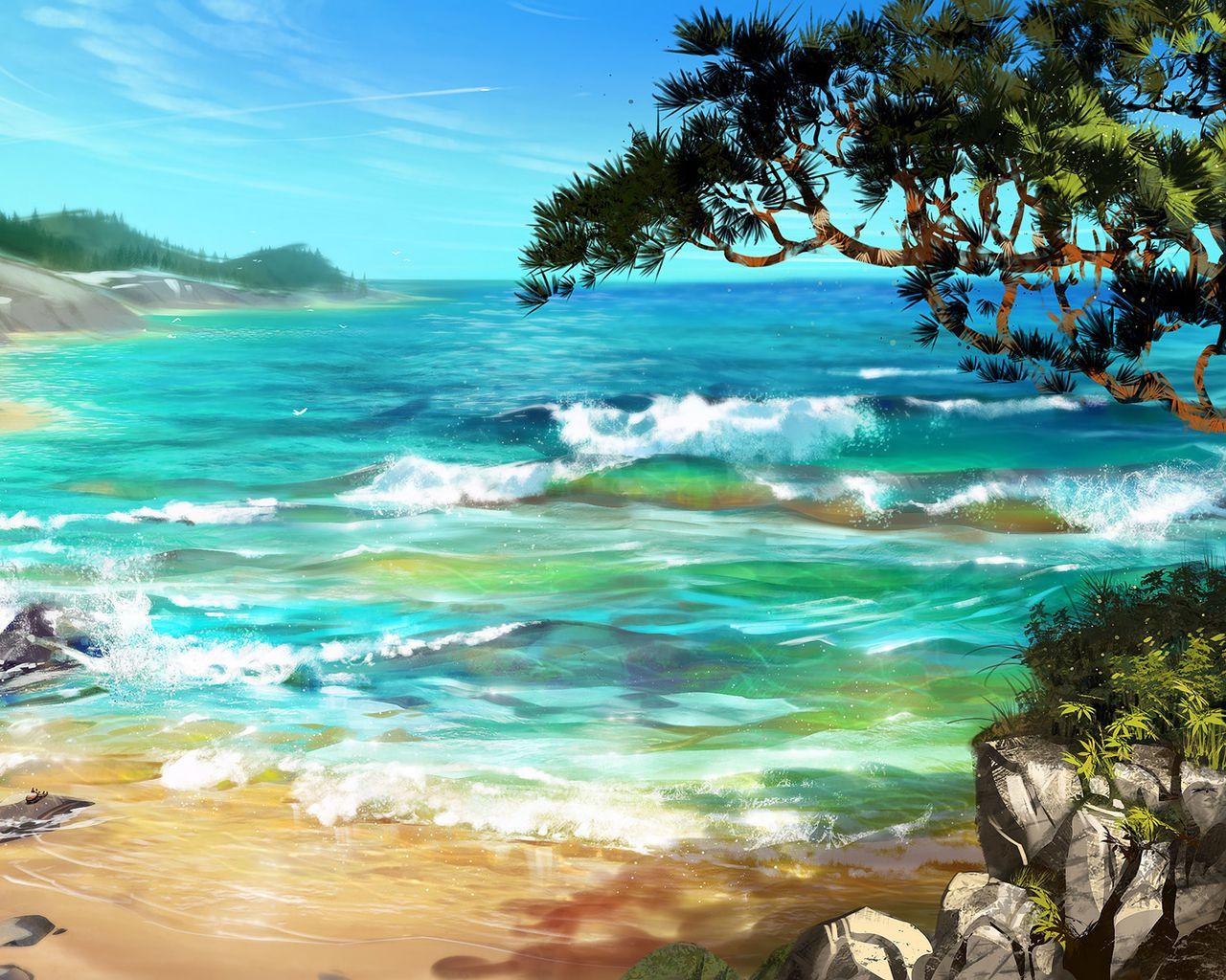 1280x1024 Download wallpaper 1280x1024 sea, surf, art, trees, rocks standard 5:4 HD background