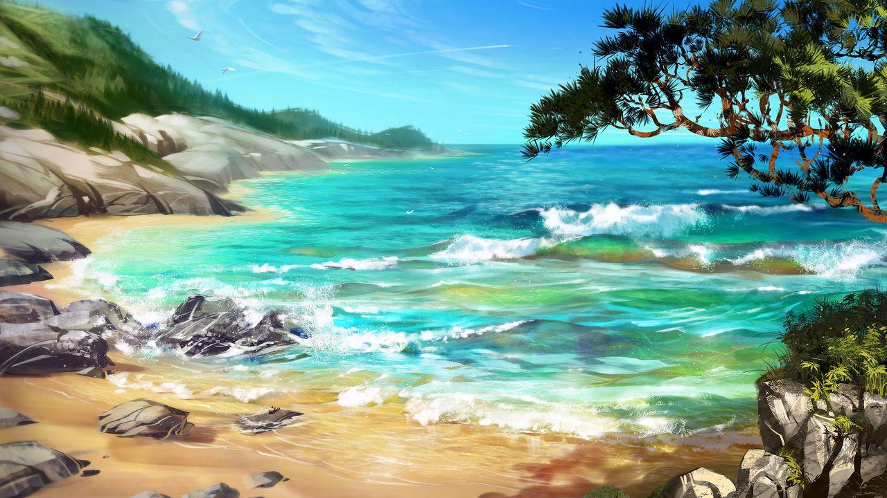 1280x720 Download wallpaper 1280x720 sea, surf, art, trees, rocks hd, hdv, 720p HD background