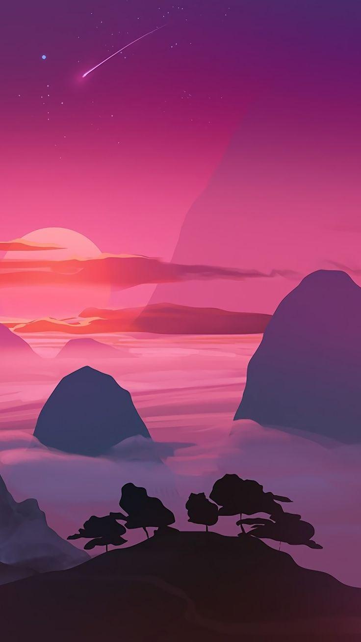 736x1308 Pink sunset, minimal, mountains, aerial view wallpaper. Android wallpaper nature, View wallpaper, Anime scenery wallpaper