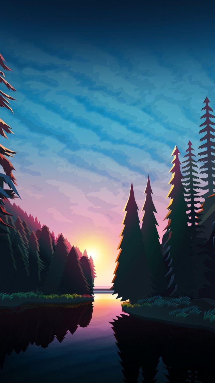 750x1334 Sunset, river, forest, artwork, trees wallpaper. Scenery wallpaper, Nature wallpaper, Art wallpaper