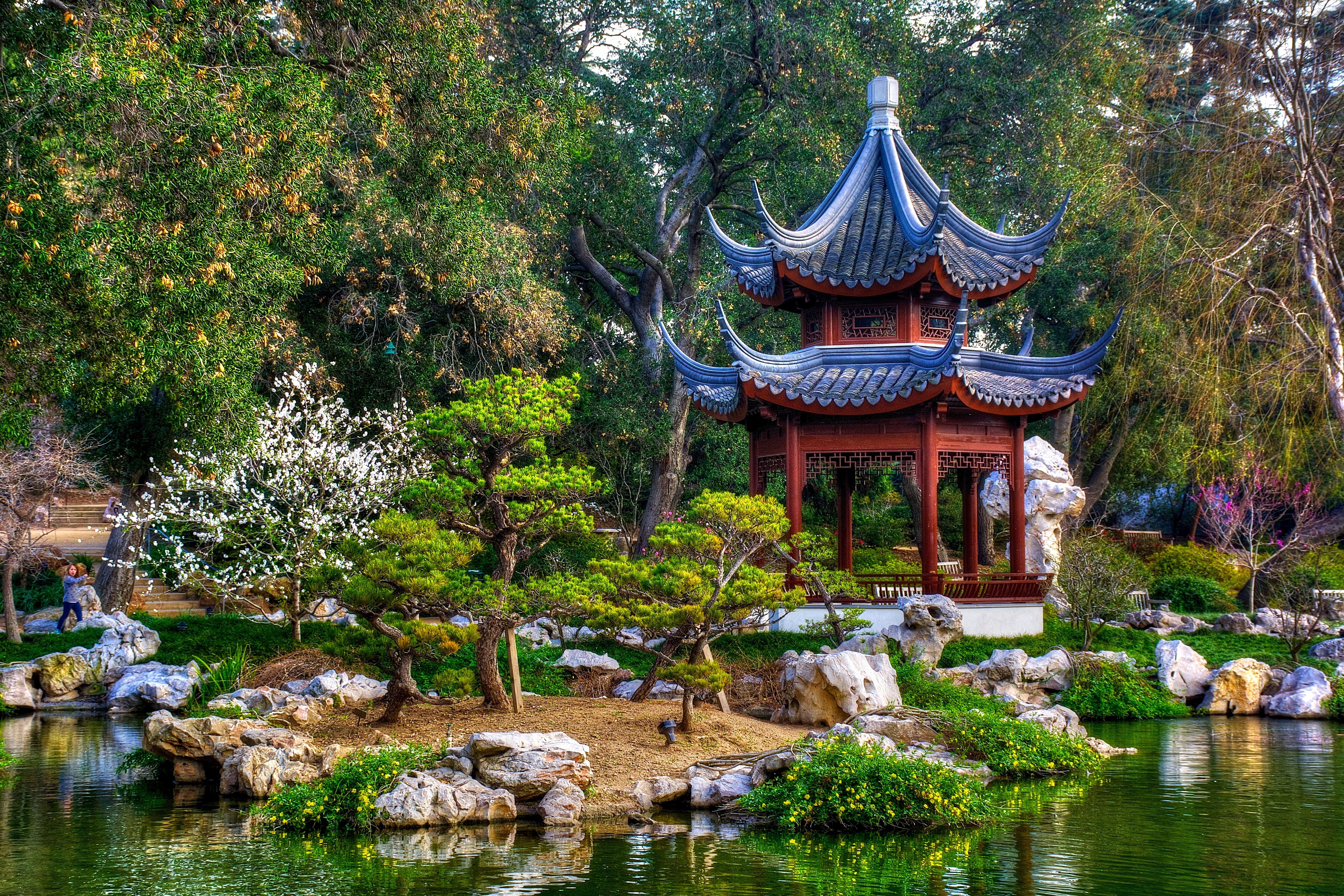 5905x3937 brown and blue wooden gazebo #trees #pond #Park #CA #gazebo Japanese garden #California San Marino San Marino. Japanese garden, Wooden gazebo, Roof garden design