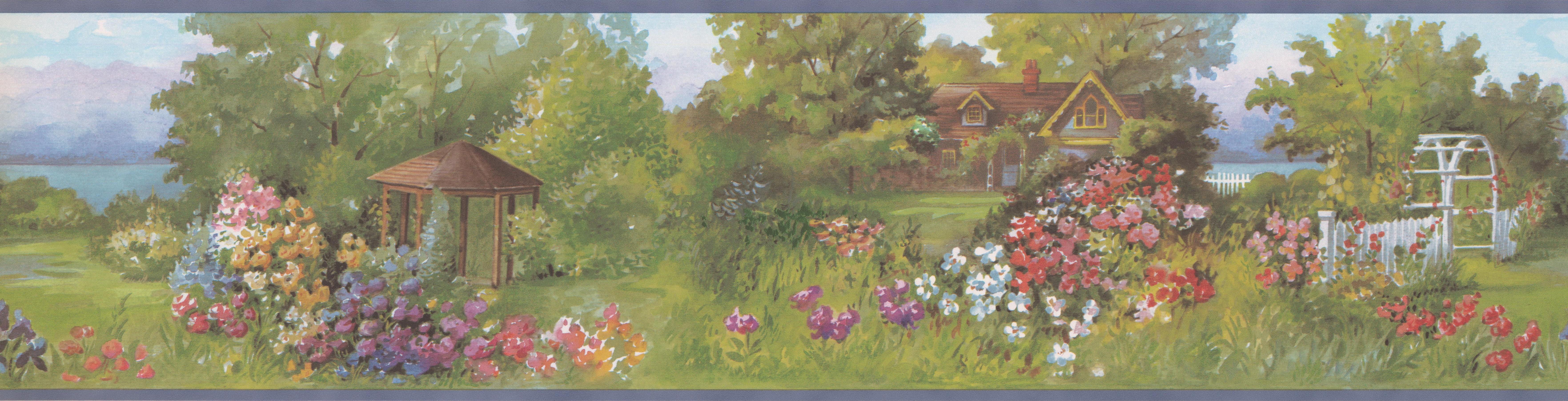 7053x1805 Wallpaper Border House Greenery Flowers Gazebo Vintage Mauve Seam Wall Border Retro Design, Roll 15 ft X 6