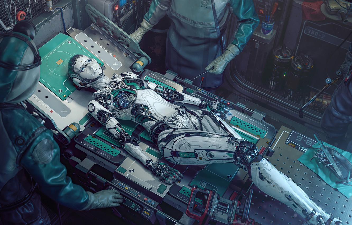 1332x850 Wallpaper Robot, Woman, Art, Man, Hi Tech, Cyberpunk, Doctor, Technology, Cientist Image For Desktop, Section Hi Tech