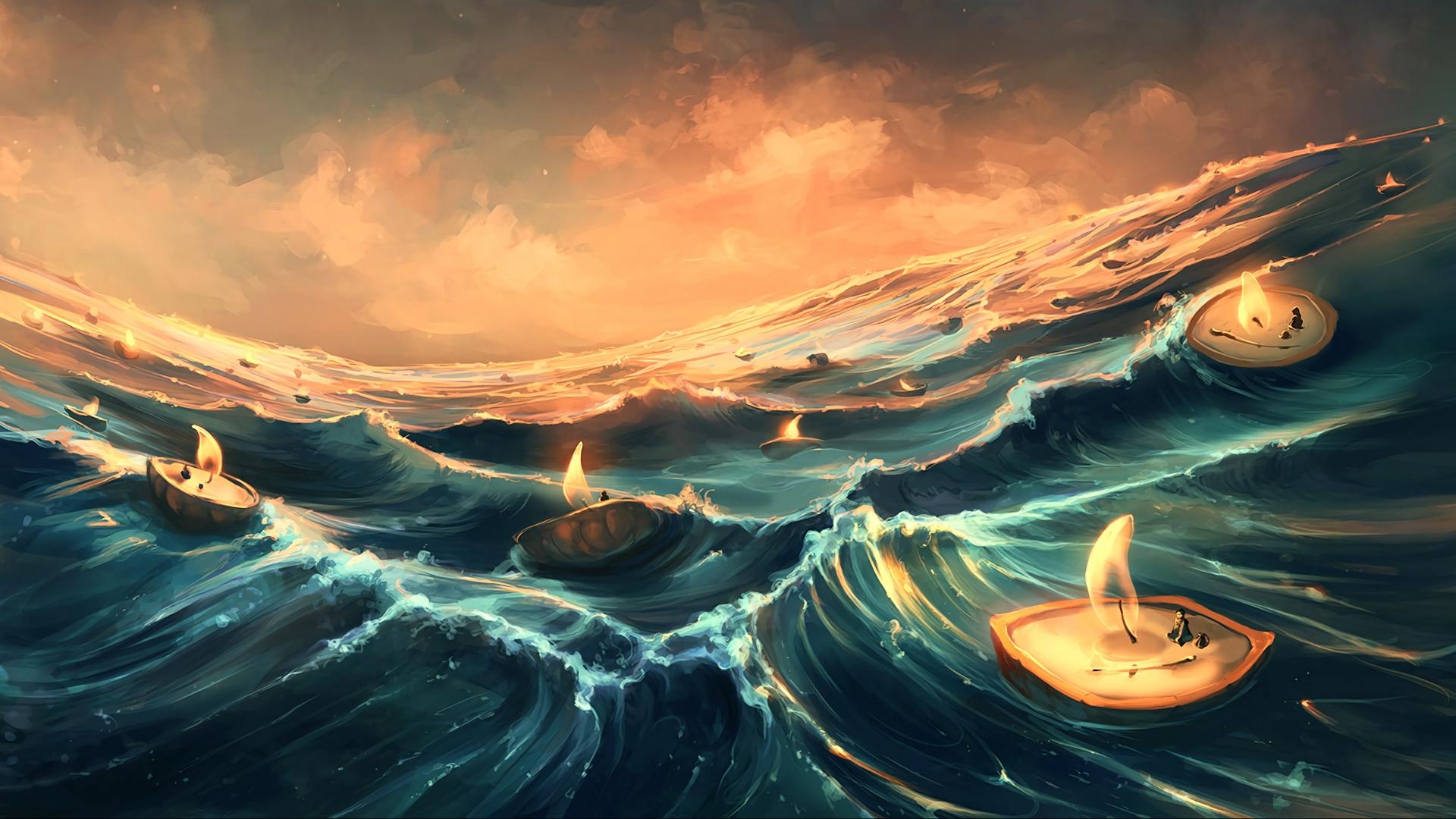 1920x1080 Wallpaper Sea, Candles, Waves, Art, Fantasy Background 2560 X 1080