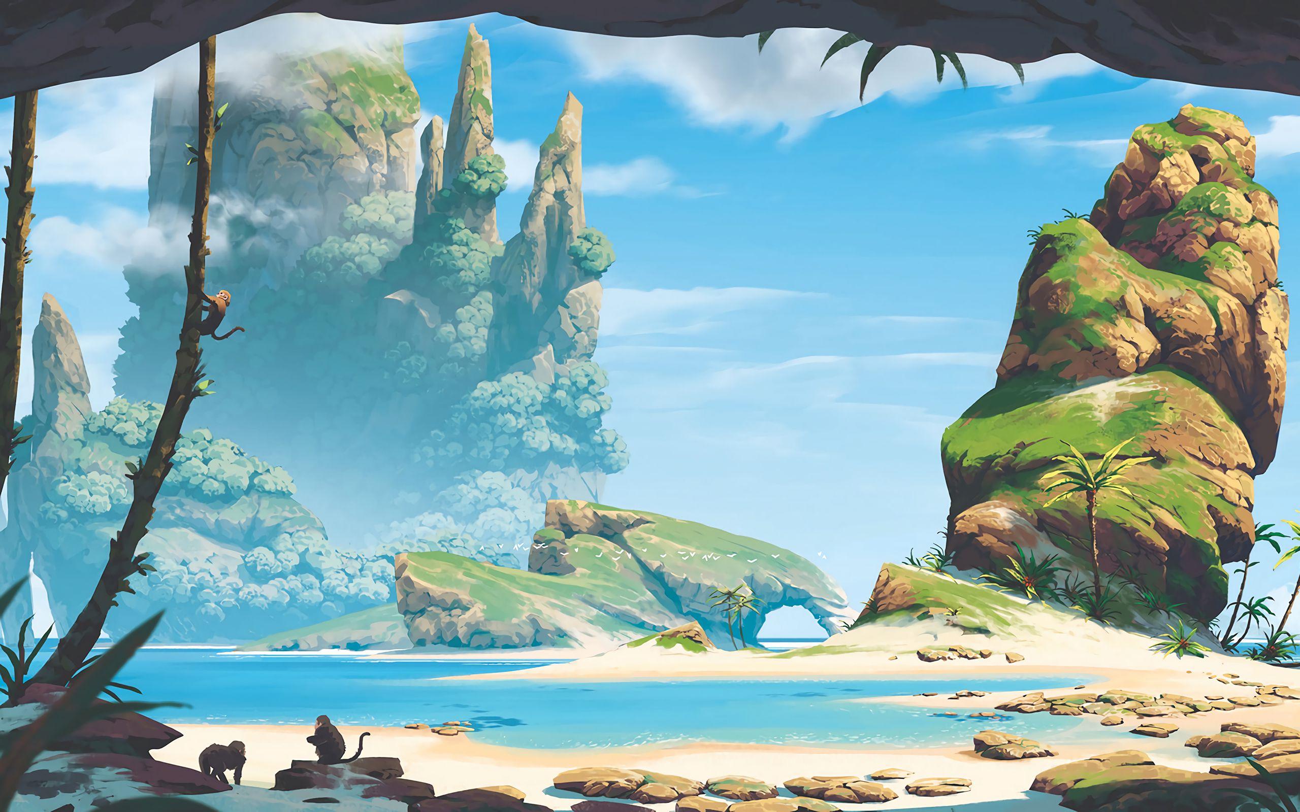 2560x1600 Download wallpaper 2560x1600 beach, sea, monkeys, mountains, art widescreen 16:10 HD background