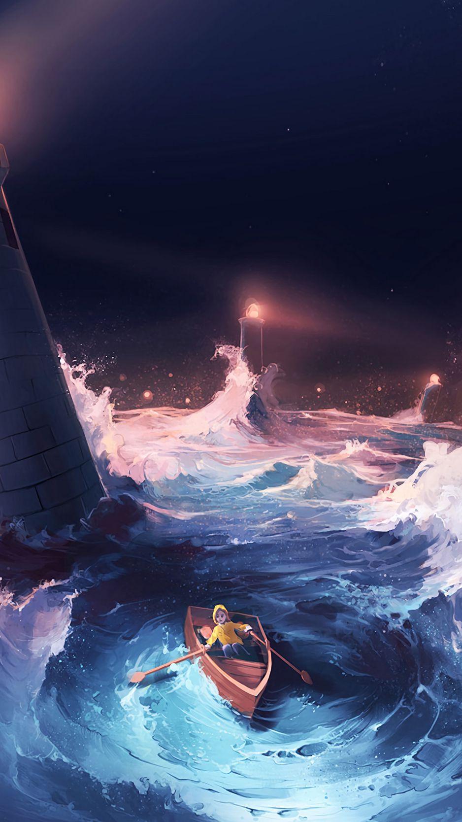 938x1668 Download Wallpaper 938x1668 Boat, Storm, Lighthouses, Sea, Art Iphone 8 7 6s 6 For Parallax HD Background