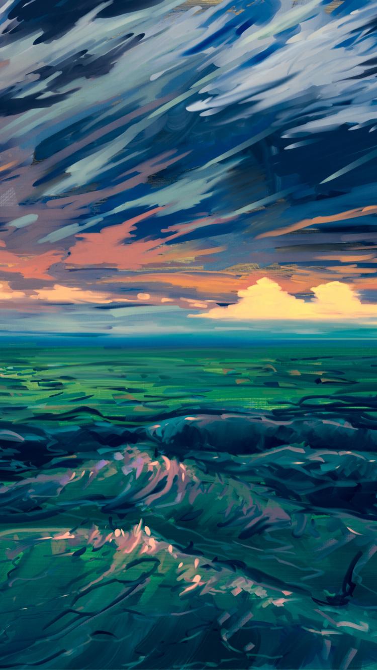750x1334 Download Scenery, sea waves, sea, clouds, digital art wallpaper, 750x iphone iPhone 8
