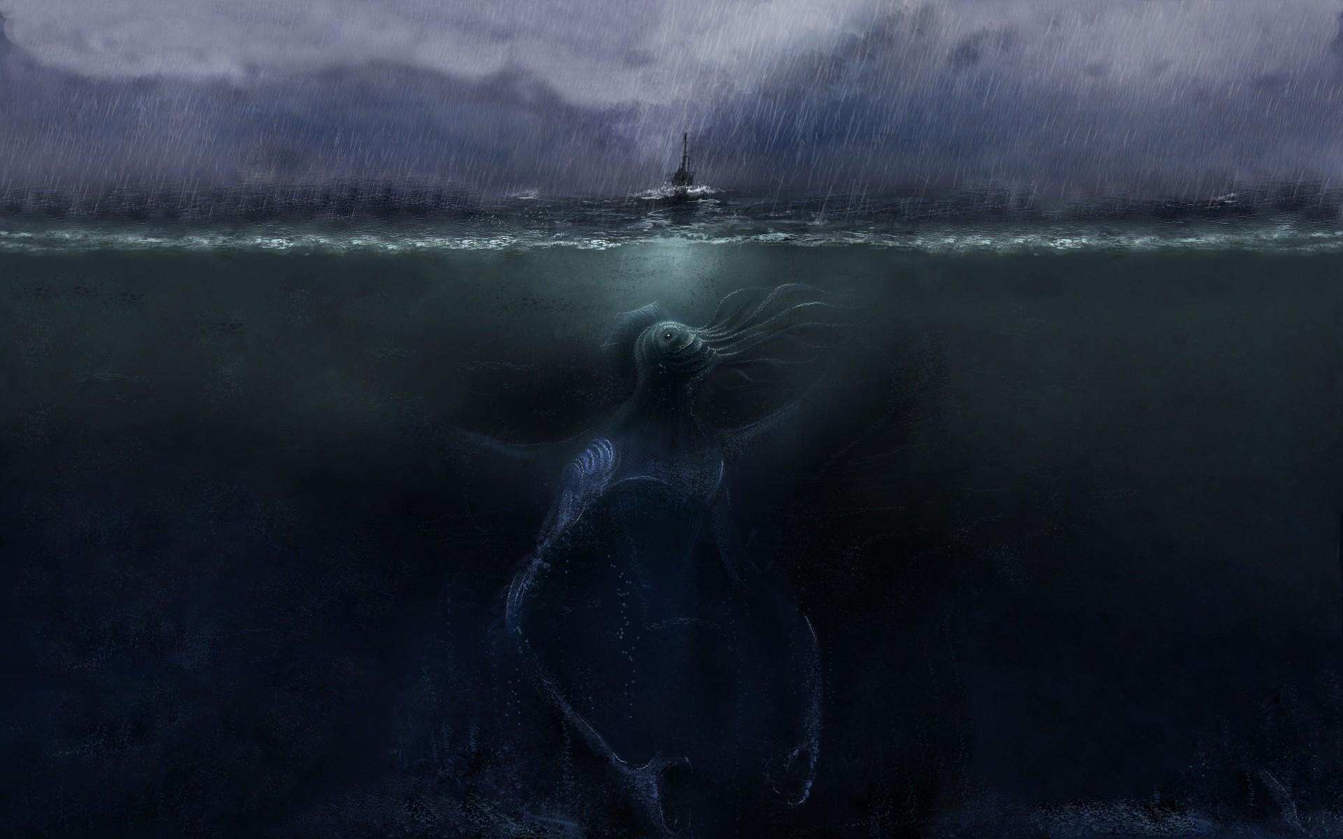 1920x1200 #horror, #rain, #underwater, #digital art, #sea, #creature, #Cthulhu, #storm, #split view, #sea monsters, #fantasy art, wallpaper HD Wallpaper