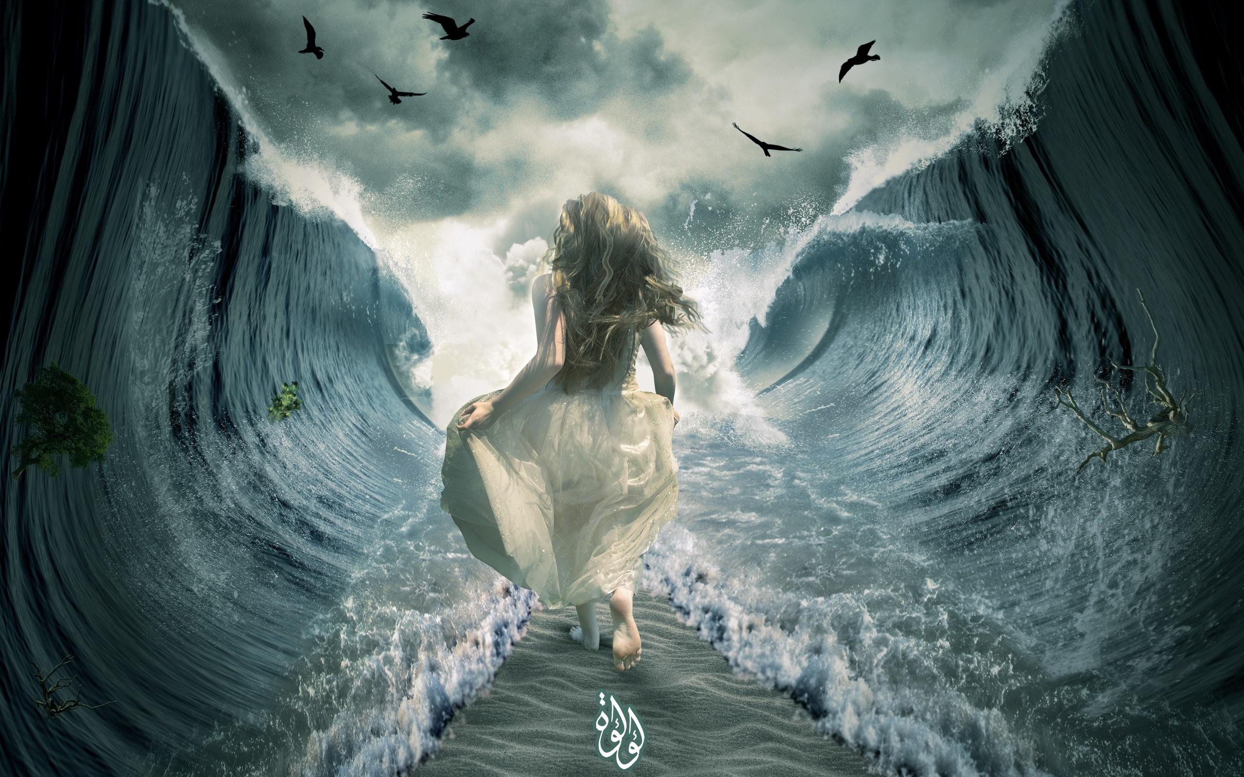 2560x1600 girl, Sea, Road, Art Wallpaper HD / Desktop and Mobile Background