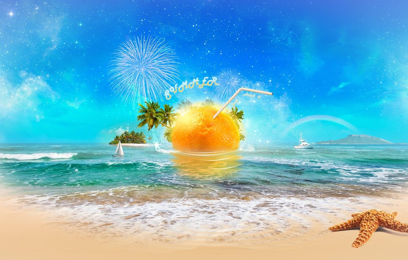1332x850 Wallpaper sea, beach, the sun, orange, digital, sea, art, orange image for desktop, section фантастика