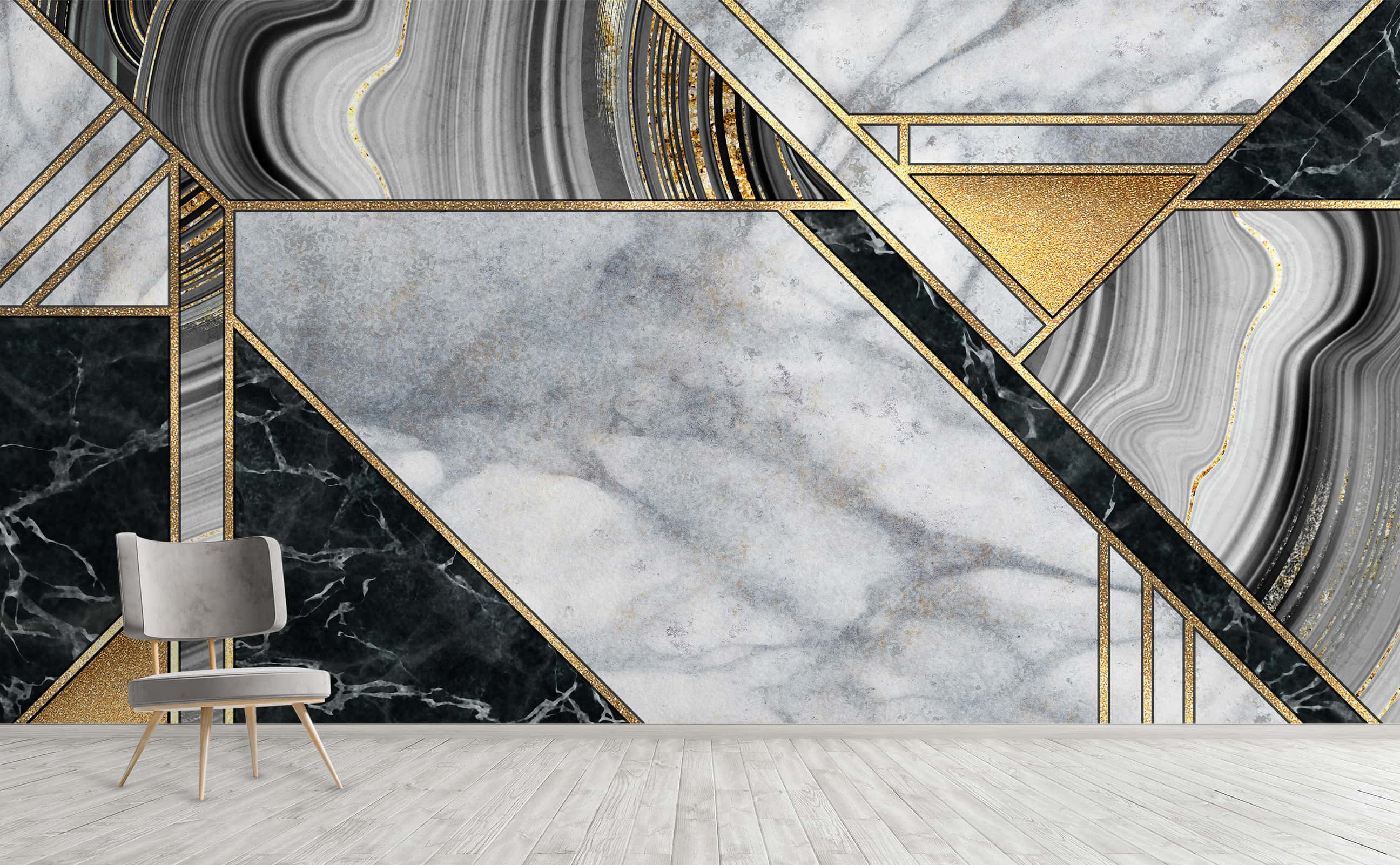 2592x1602 Geometric gold white black marble texture art deco Wall Mural