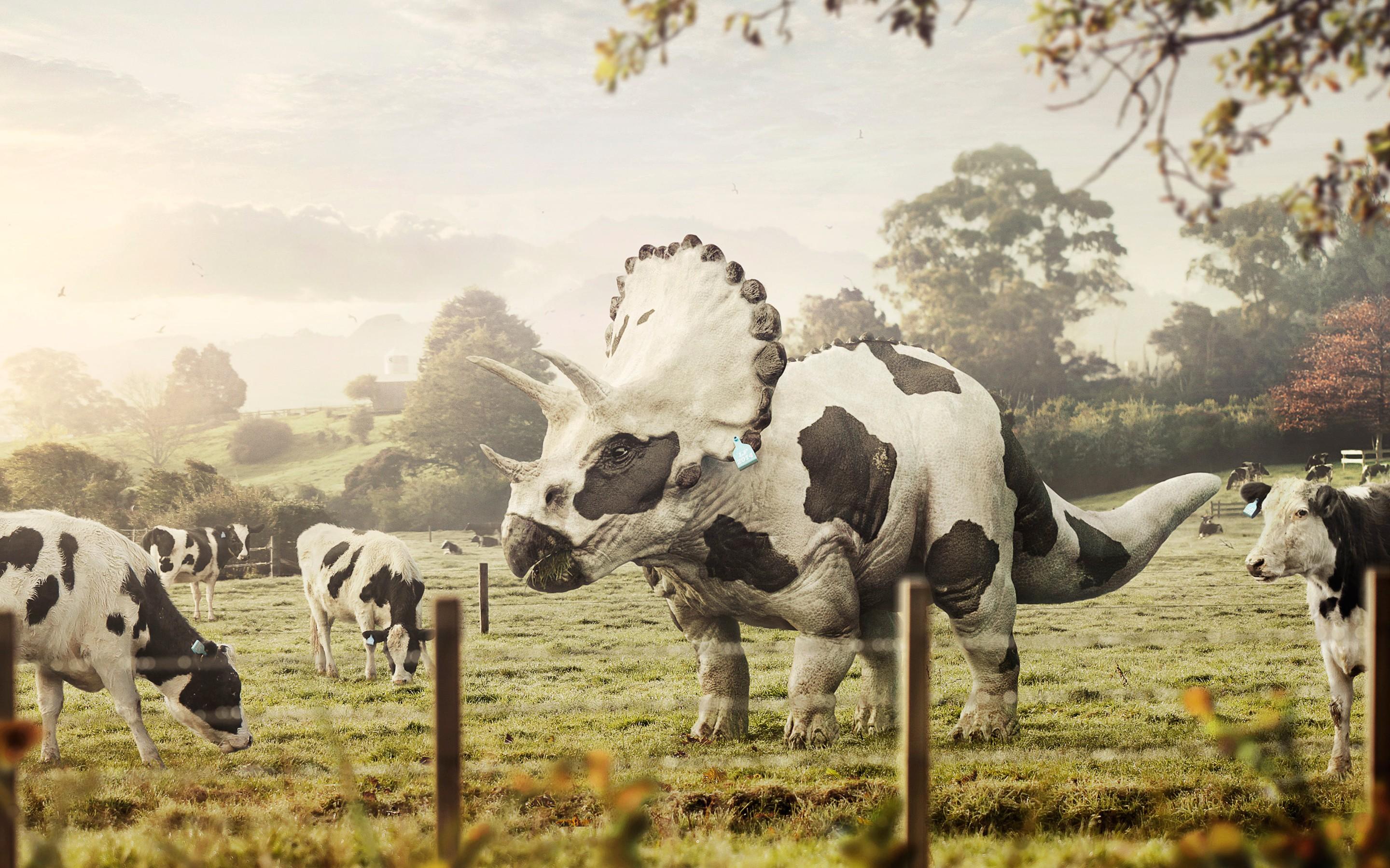 2880x1800 #Abduzeedo, #farm, #dinosaurs, #cow, #digital art, #Bull, #Triceratops, wallpaper. Mocah HD Wallpaper