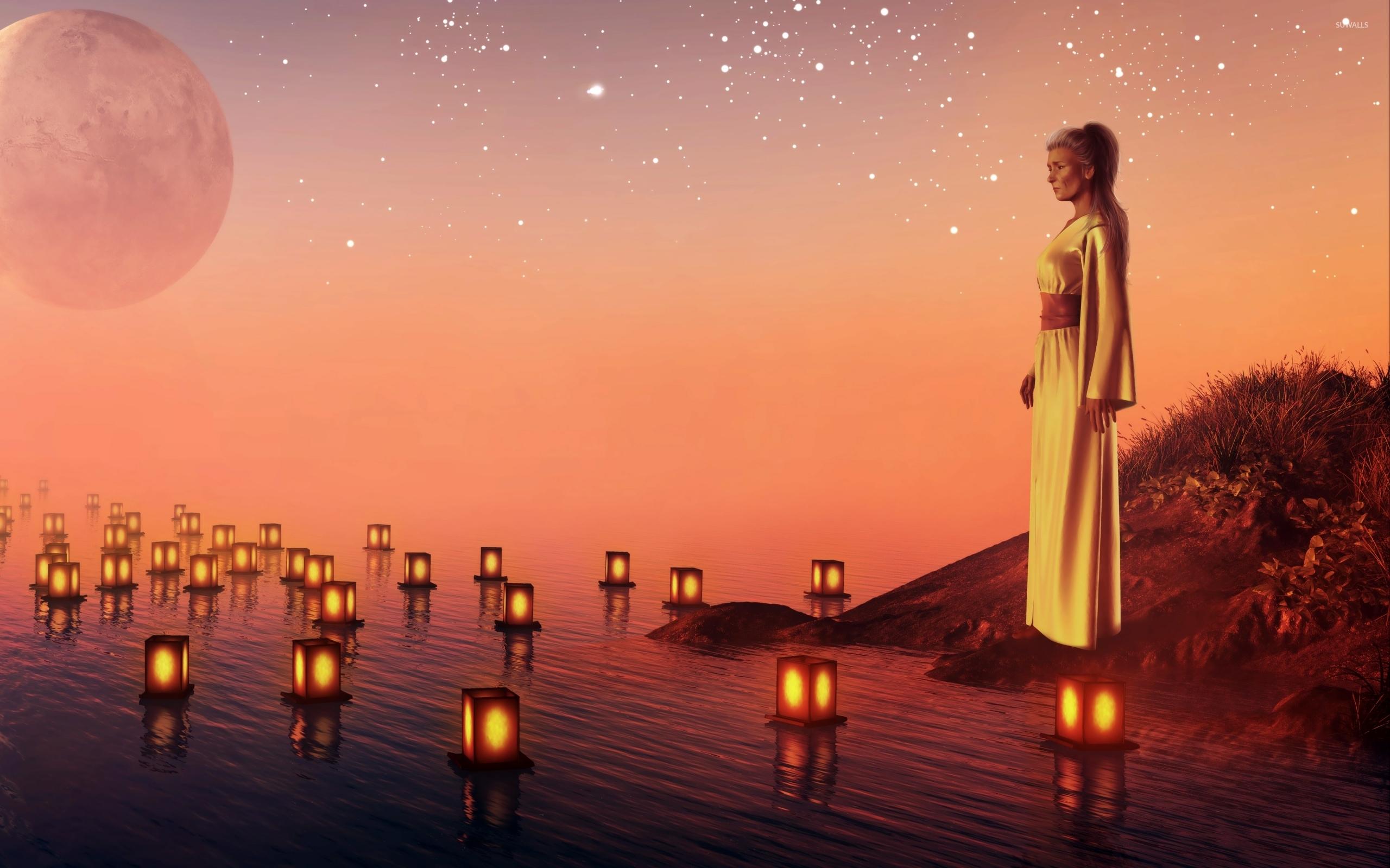 2560x1600 Sad woman watching the candles floating on the water wallpaper Art wallpaper