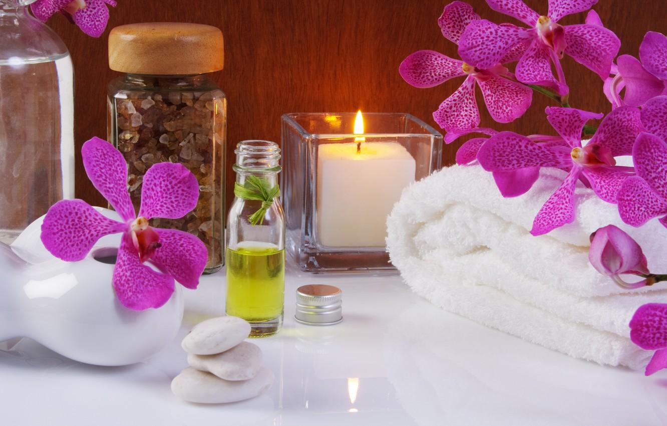 1332x850 Wallpaper flowers, oil, towel, candles, flowers, Spa, Spa, candles, oil, towels, sea salt, sea salt, purple Orchid, purple Orchid image for desktop, section разное