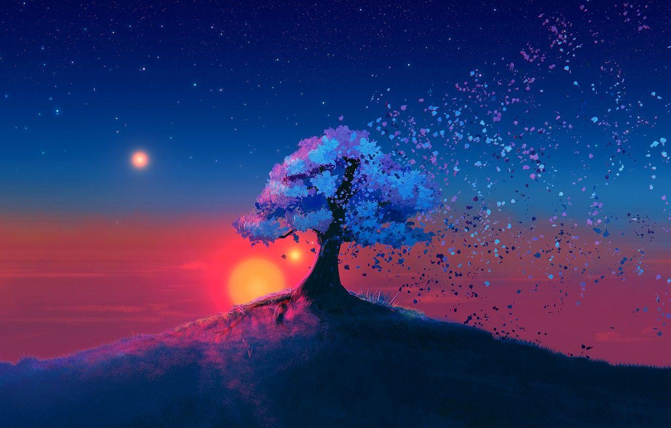 1332x850 Anime Sunset And Trees Wallpaper