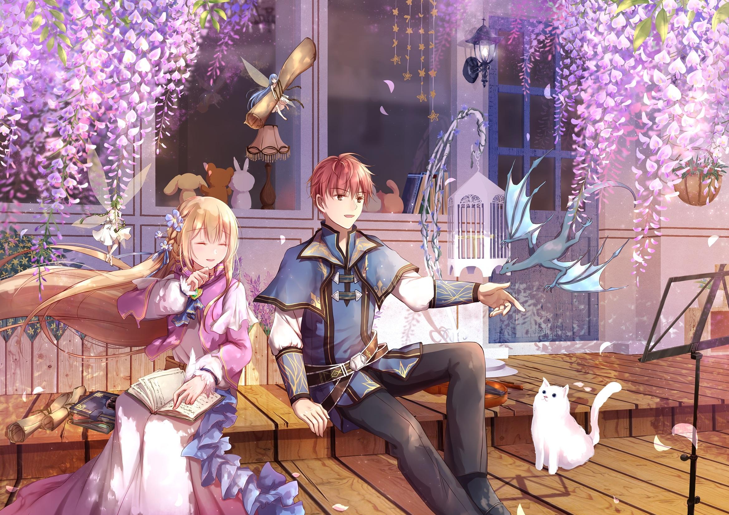 2339x1653 Download 2339x1653 Anime Couple, Fantasy, Fairy, Dragon, Creatures, Flowers, Happy, Blonde Wallpaper