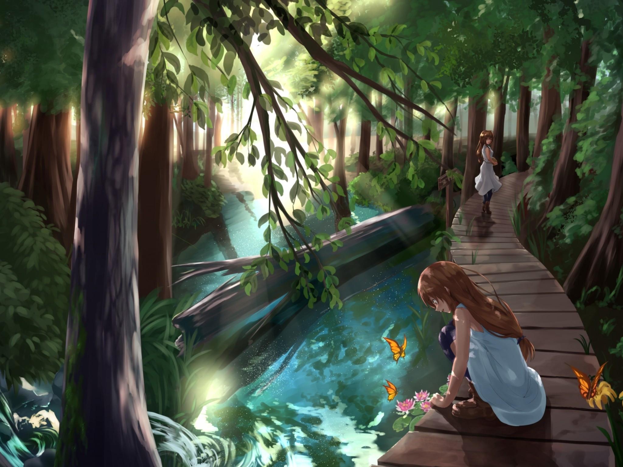 2048x1536 Download 2048x1536 Anime Girls, Forest, River, Trees, Nature, Butterflies Wallpaper for Ainol Novo 9 Spark