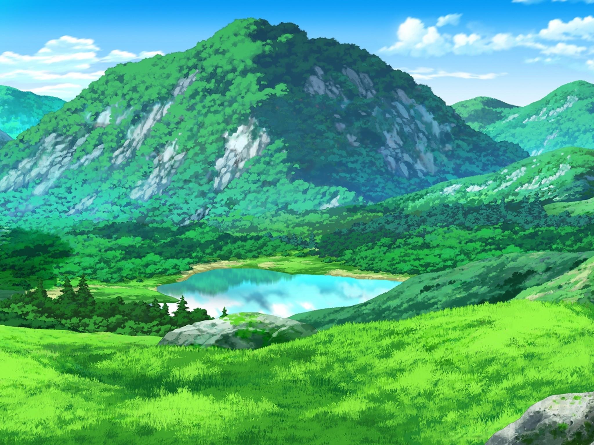 2048x1536 Download 2048x1536 Anime Landscape, Mountain, Field, Grass, Lake, Scenic Wallpaper for Ainol Novo 9 Spark