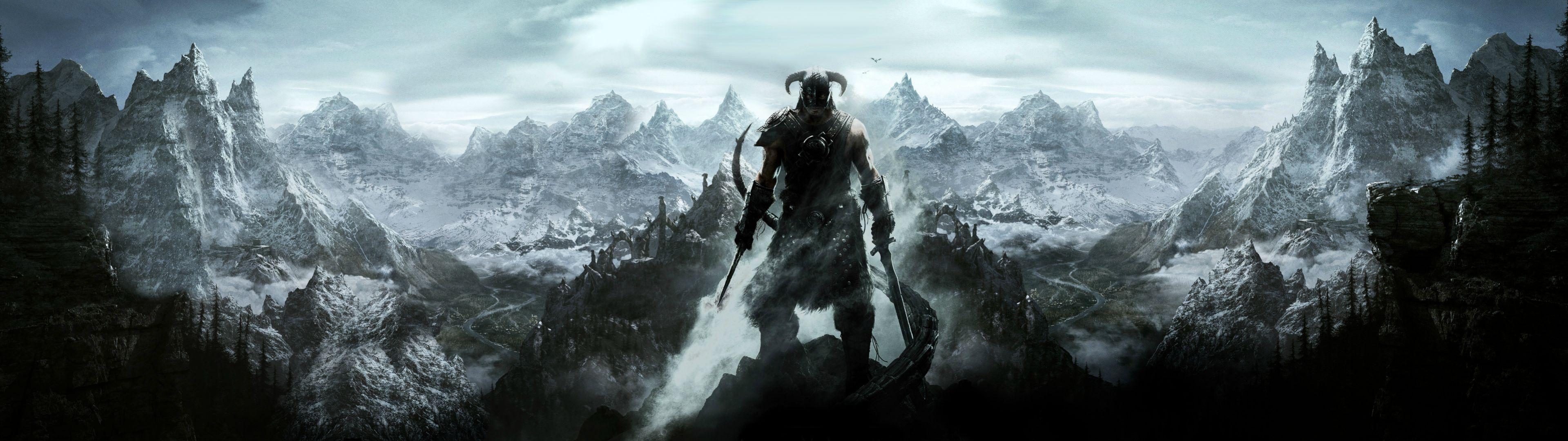 3839x1079 Mario, Portal, Skyrim, Assassin's Creed and League of Legends dual monitor wallpaper [3840x1080]