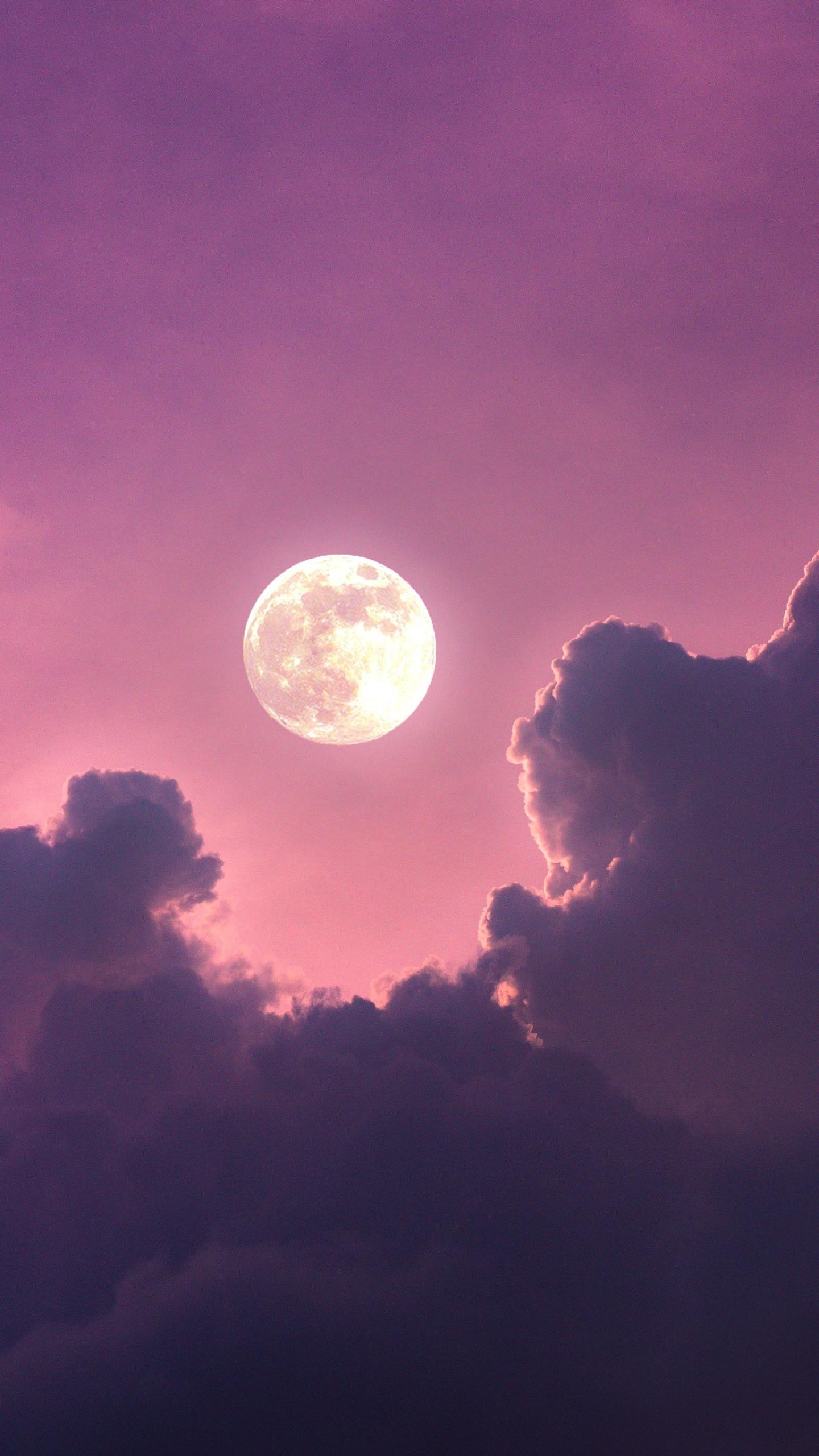 1440x2560 Full moon Wallpaper 4K, Clouds, Pink sky, Scenic, Aesthetic, Nature
