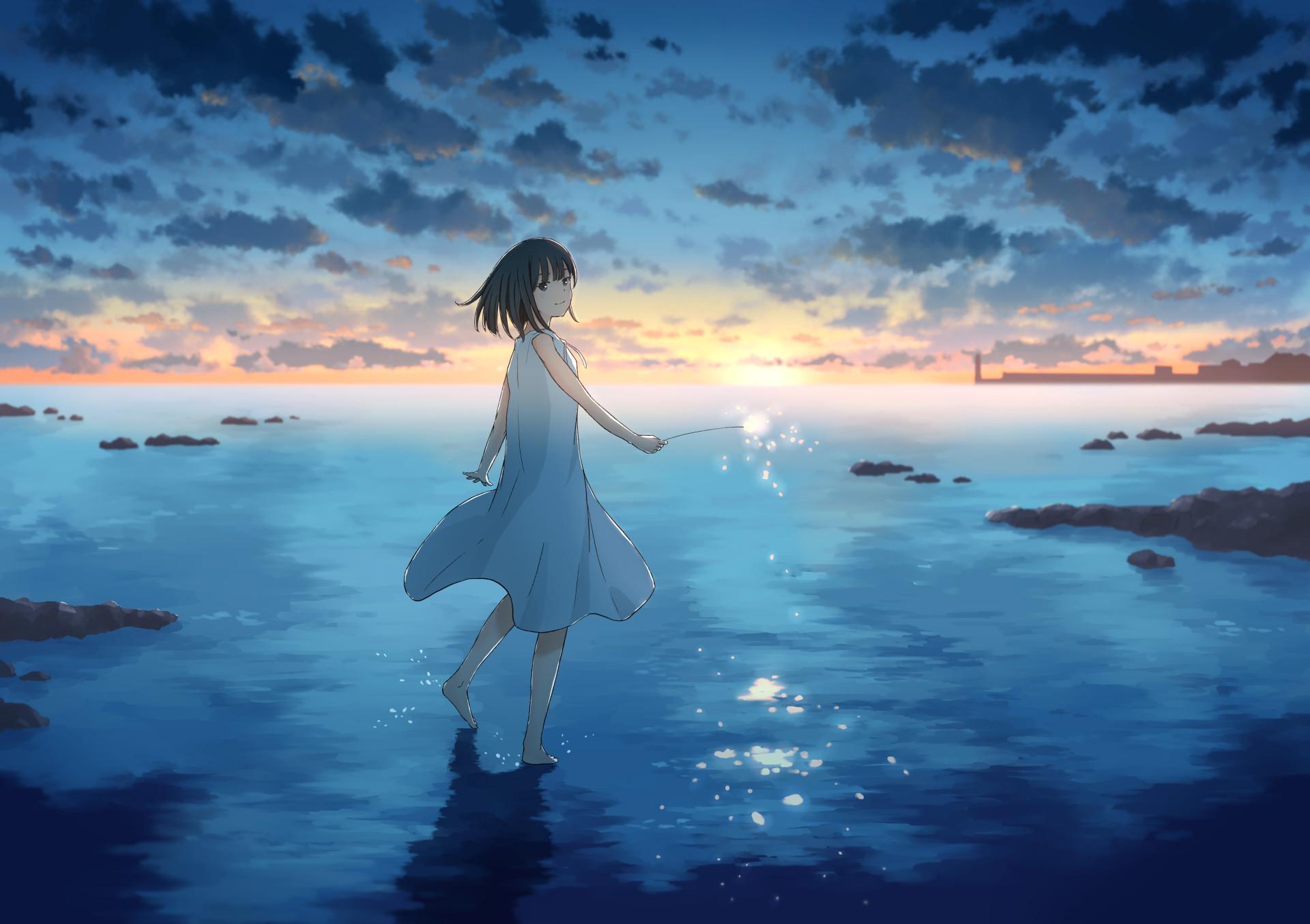 Anime School Girl Bubble Sunset Scenery 4K Wallpaper iPhone HD Phone #3030g