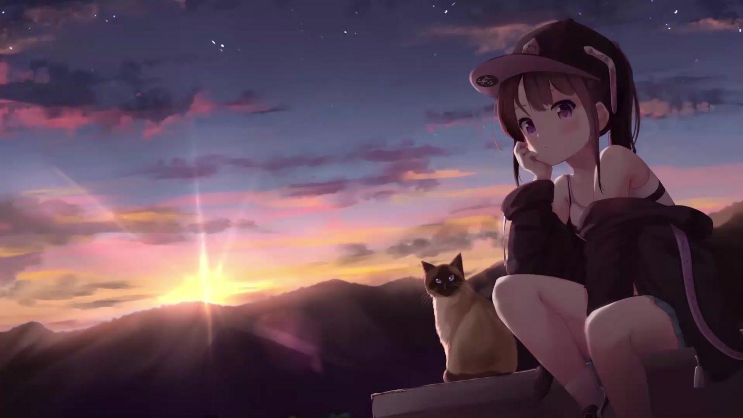 1500x844 Anime Girl And Cat At Sunset Live Wallpaper