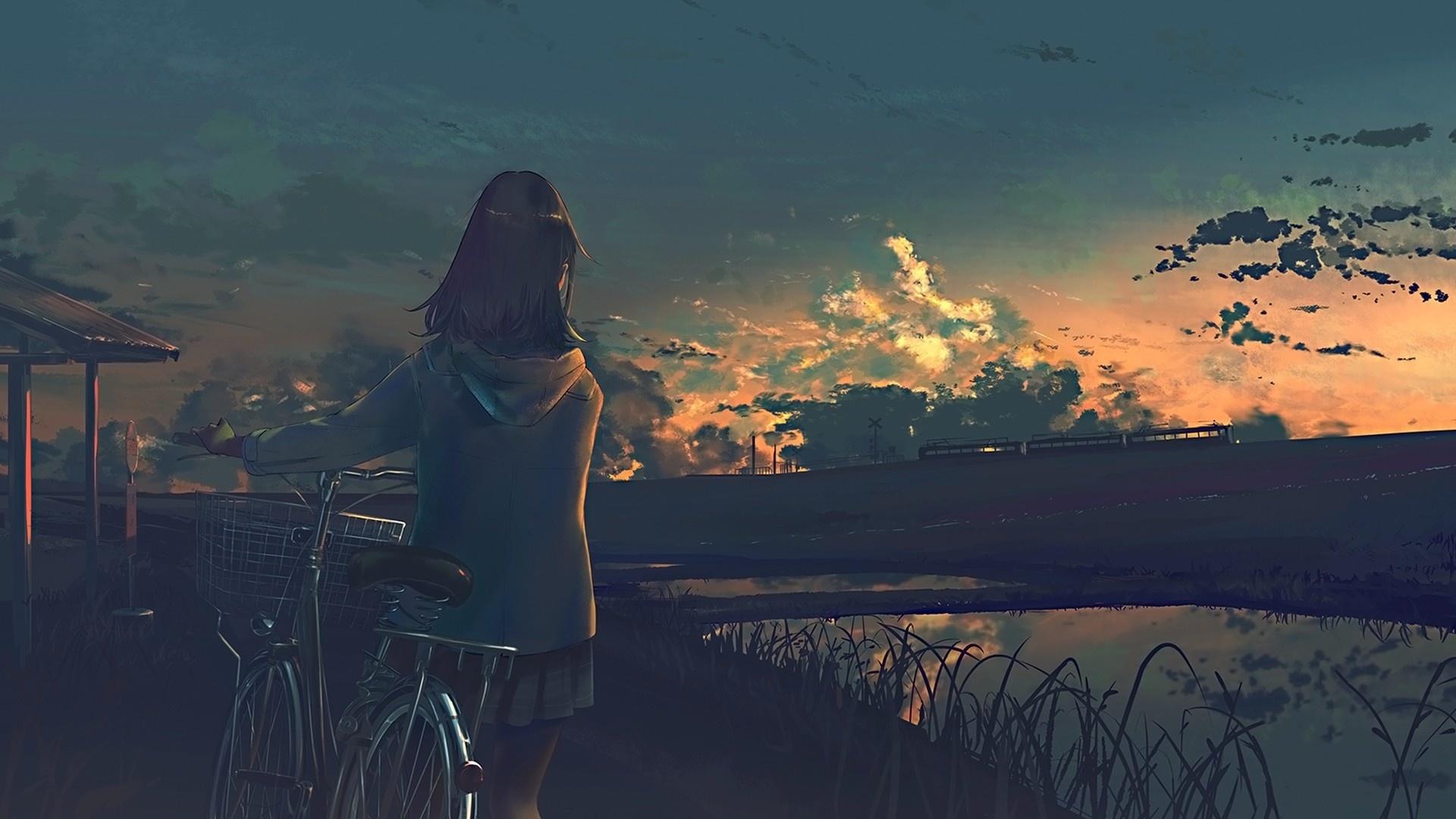 1920x1080 Desktop Wallpaper With Bicycle, Anime Girl, Sunset, Original, HD Image, Picture, Background, 7e13c6